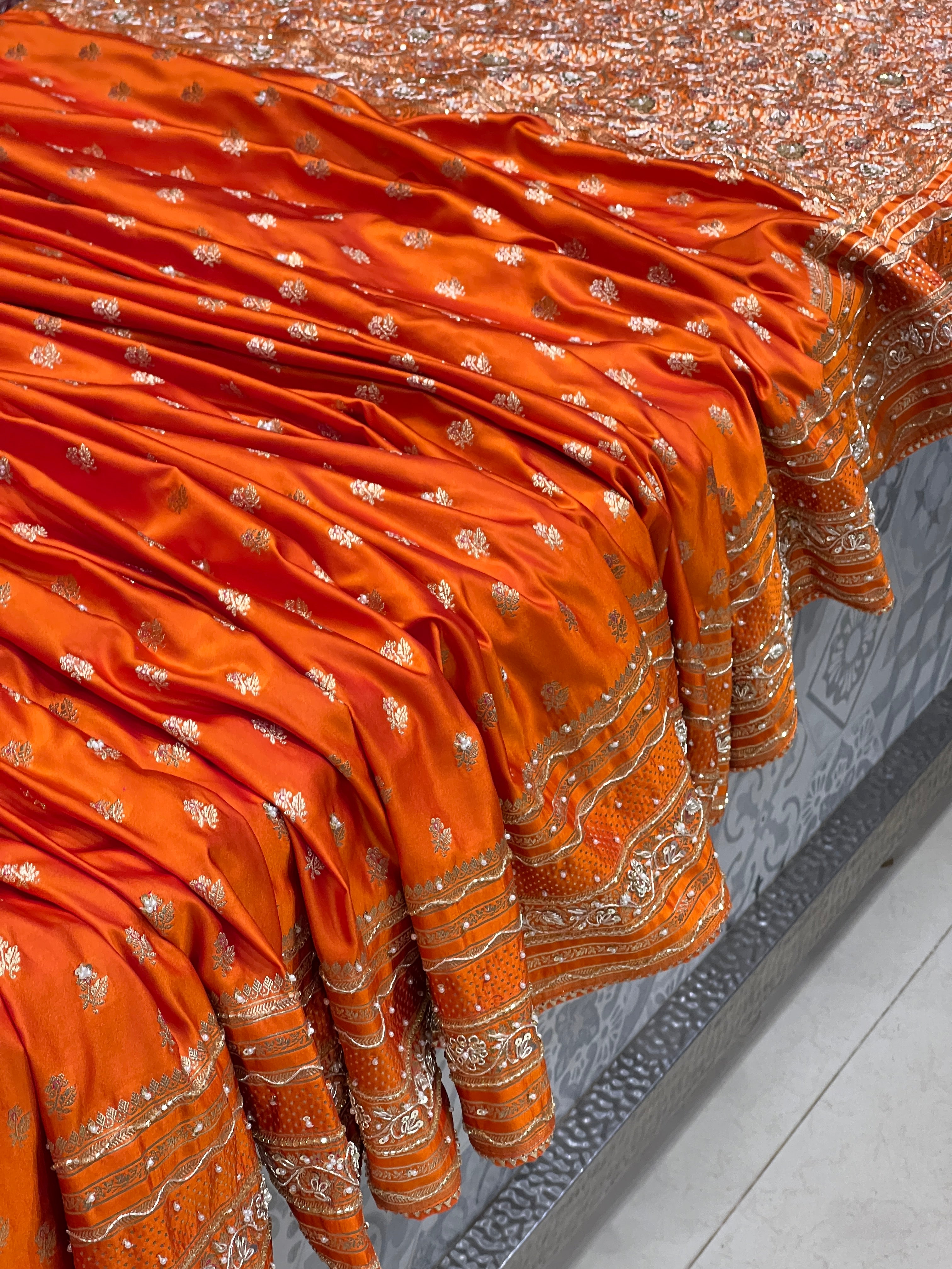 Orange Banarasi Silk Hand Embroidery Saree