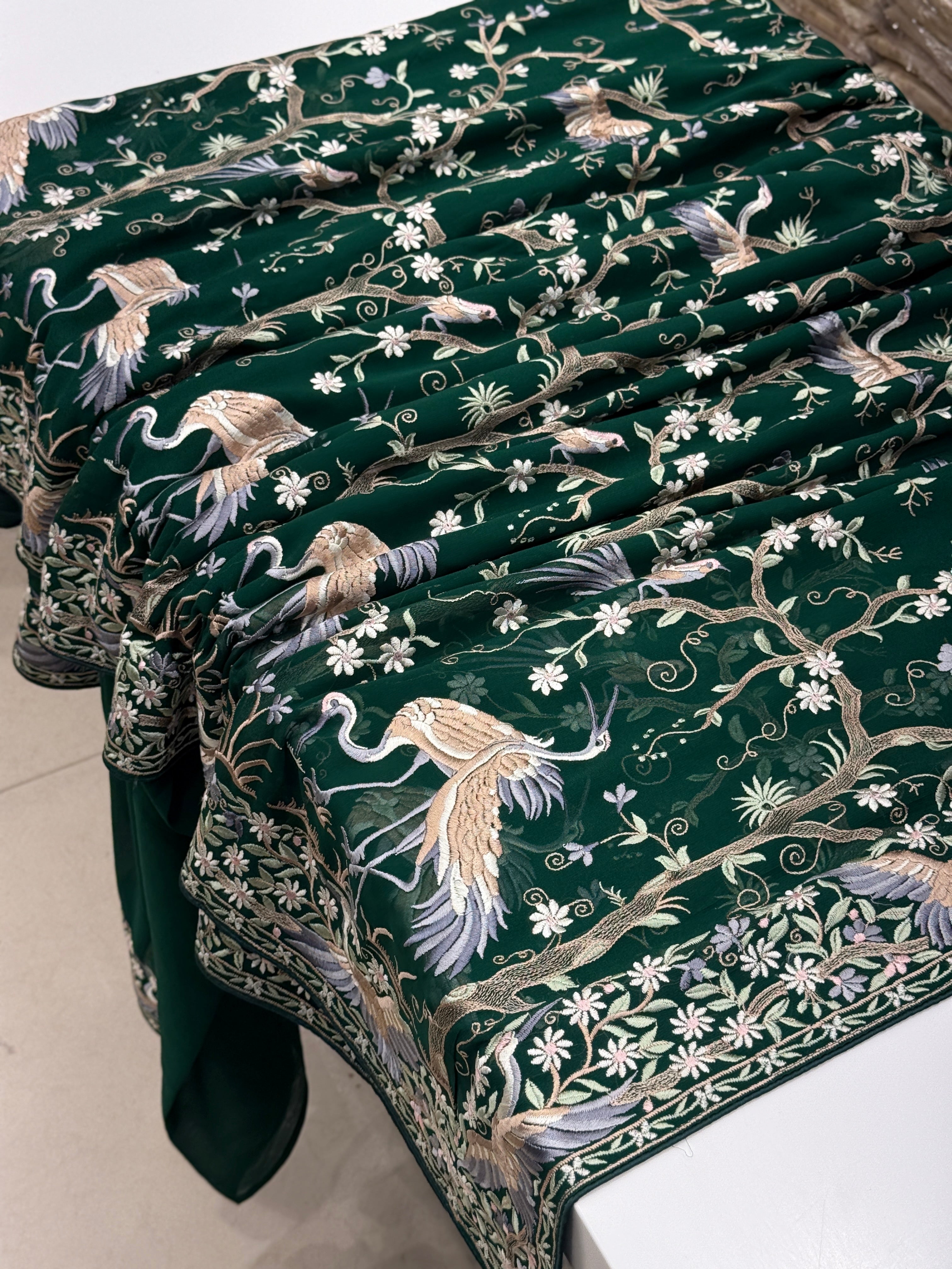 Bottle Green Tree Of Life Flamingo Parsi Gara Saree