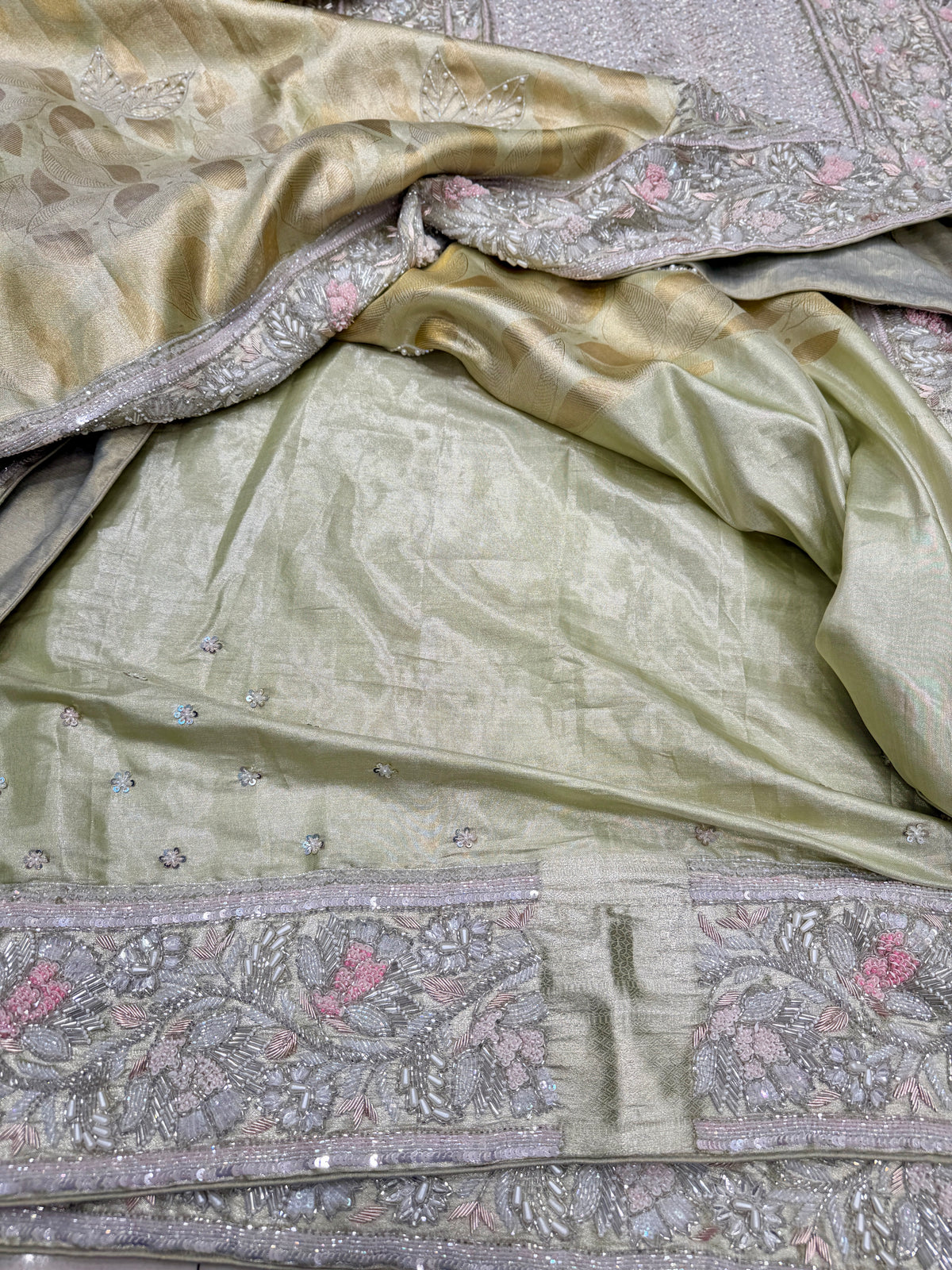 Pista Green Silver Kanjivaram Three Zari Hand Embroidery Zardosi Moti Sequin Saree