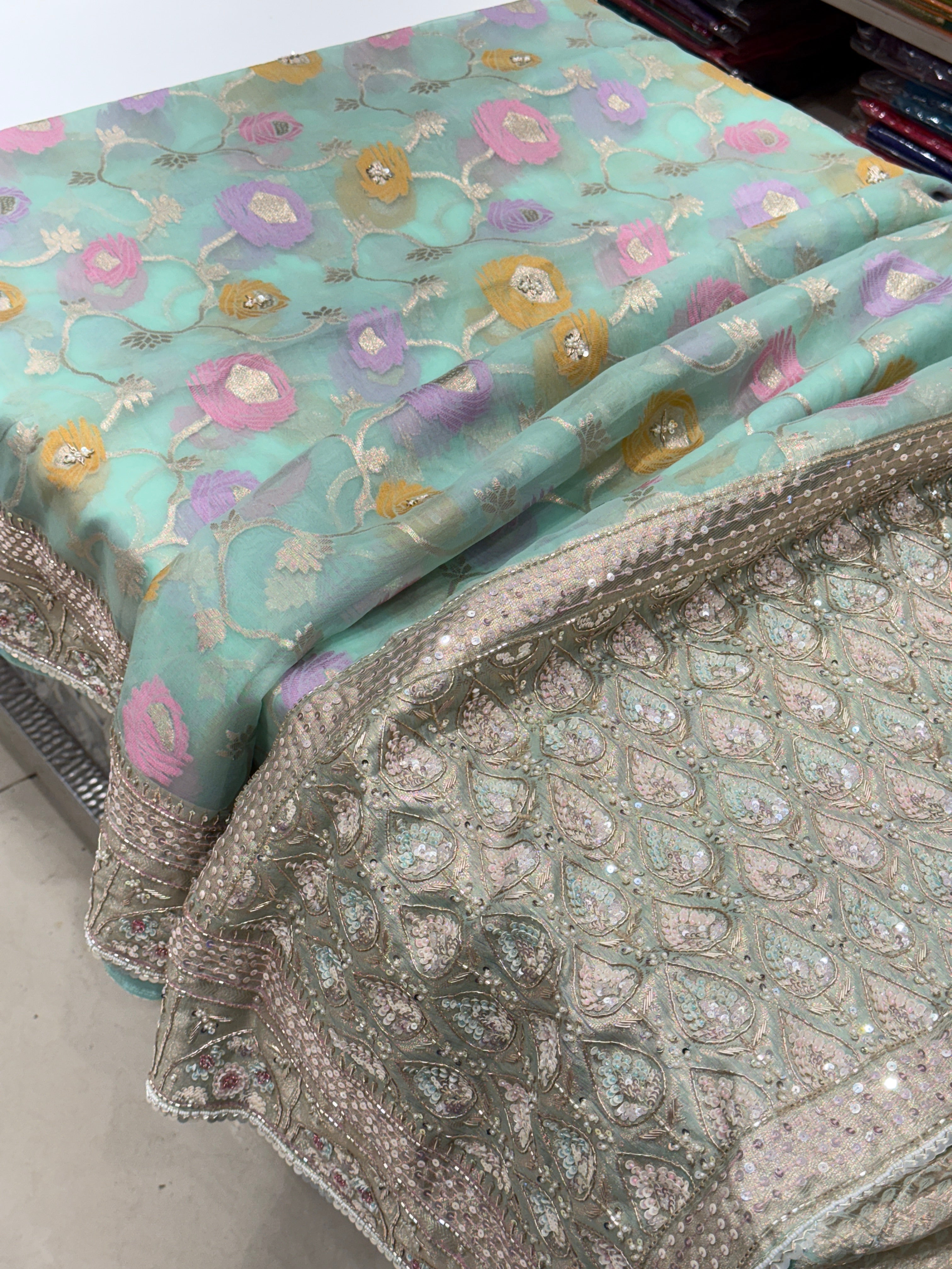 Light Blue Meenakari Banarasi Kora Sequin Zardosi Hand Embroidery Saree