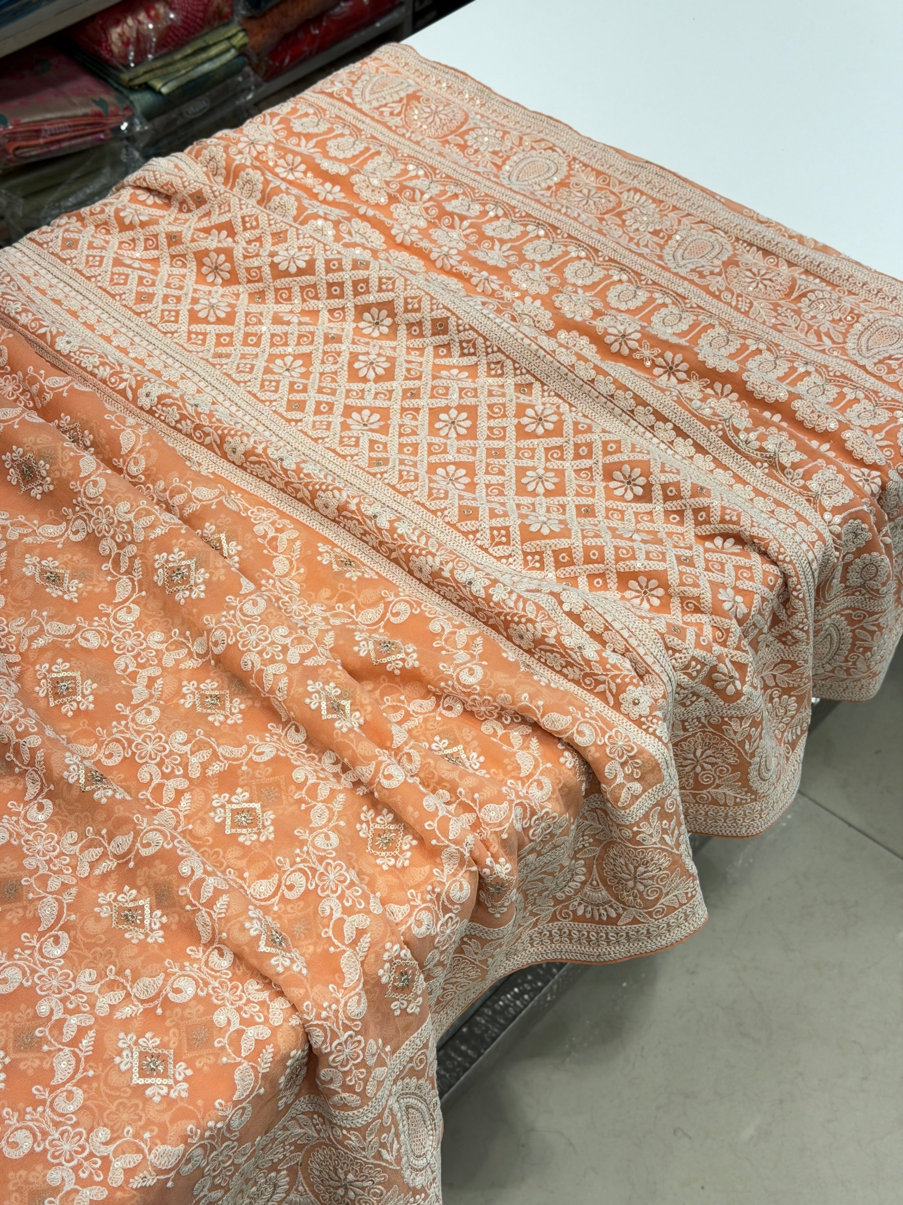 Peach Chikankari Embroidery Keri Border Georgette Saree