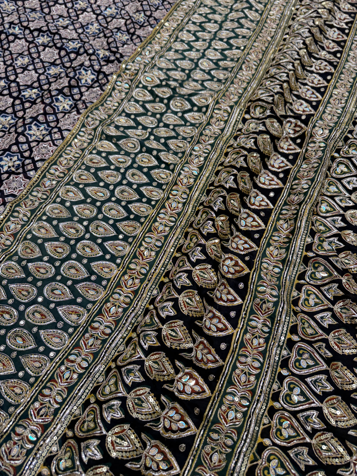 Black Green Pallu Jaal Pita Zardosi Sequin Ajrakh Hand Embroidery Saree