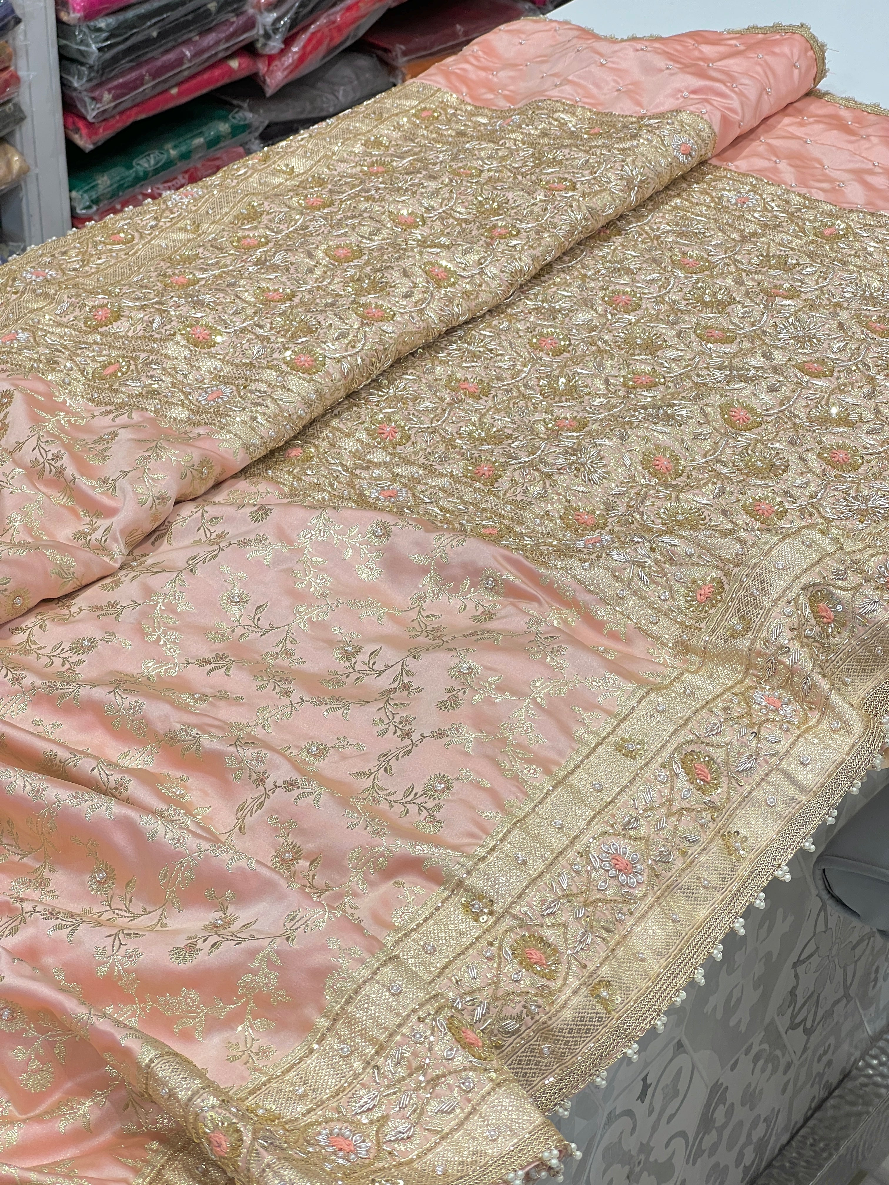 Peach Banarasi Jaal Resham Zardosi Embroidery Saree