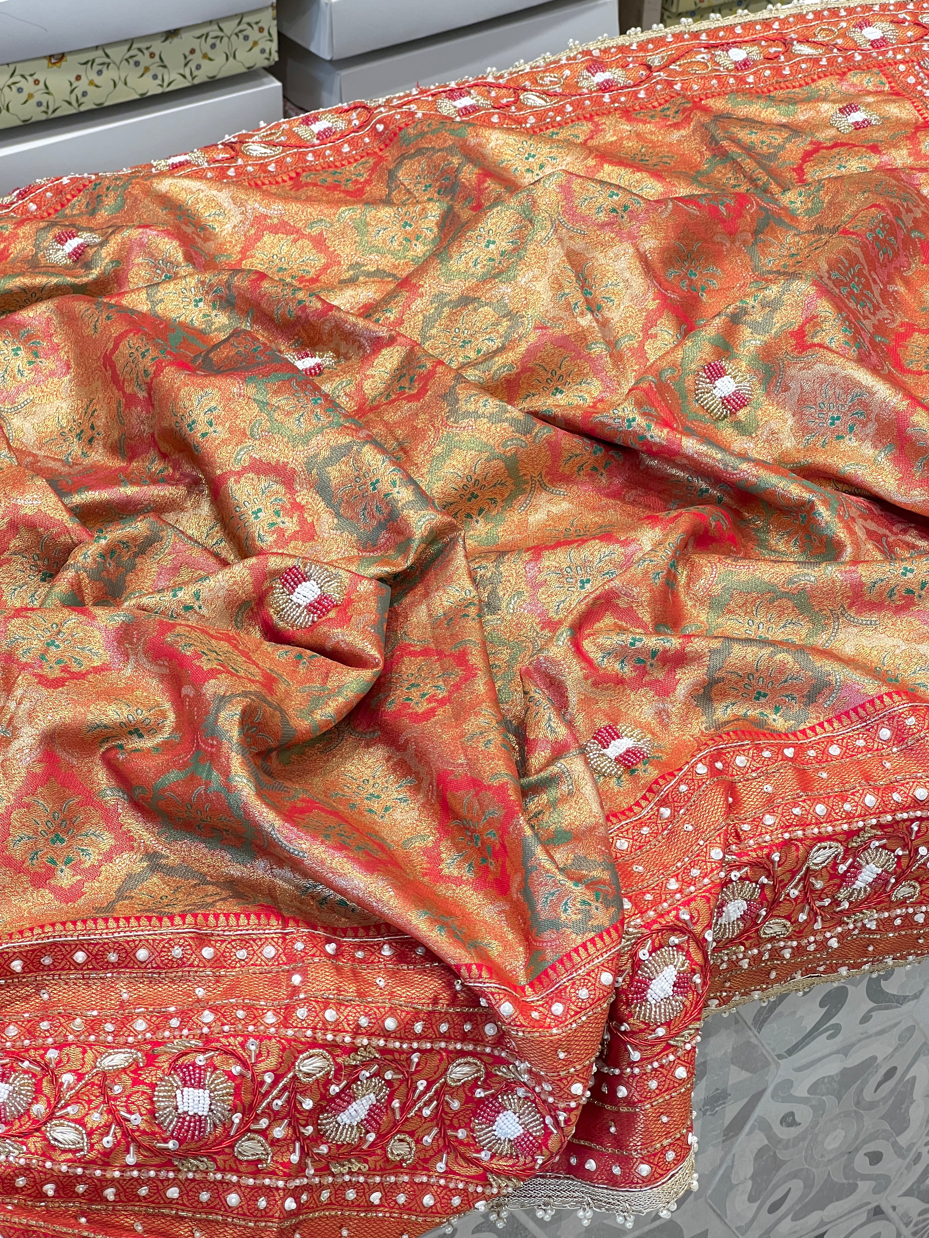 Reddish Golden Kanjivaram Hand Embroidery Saree