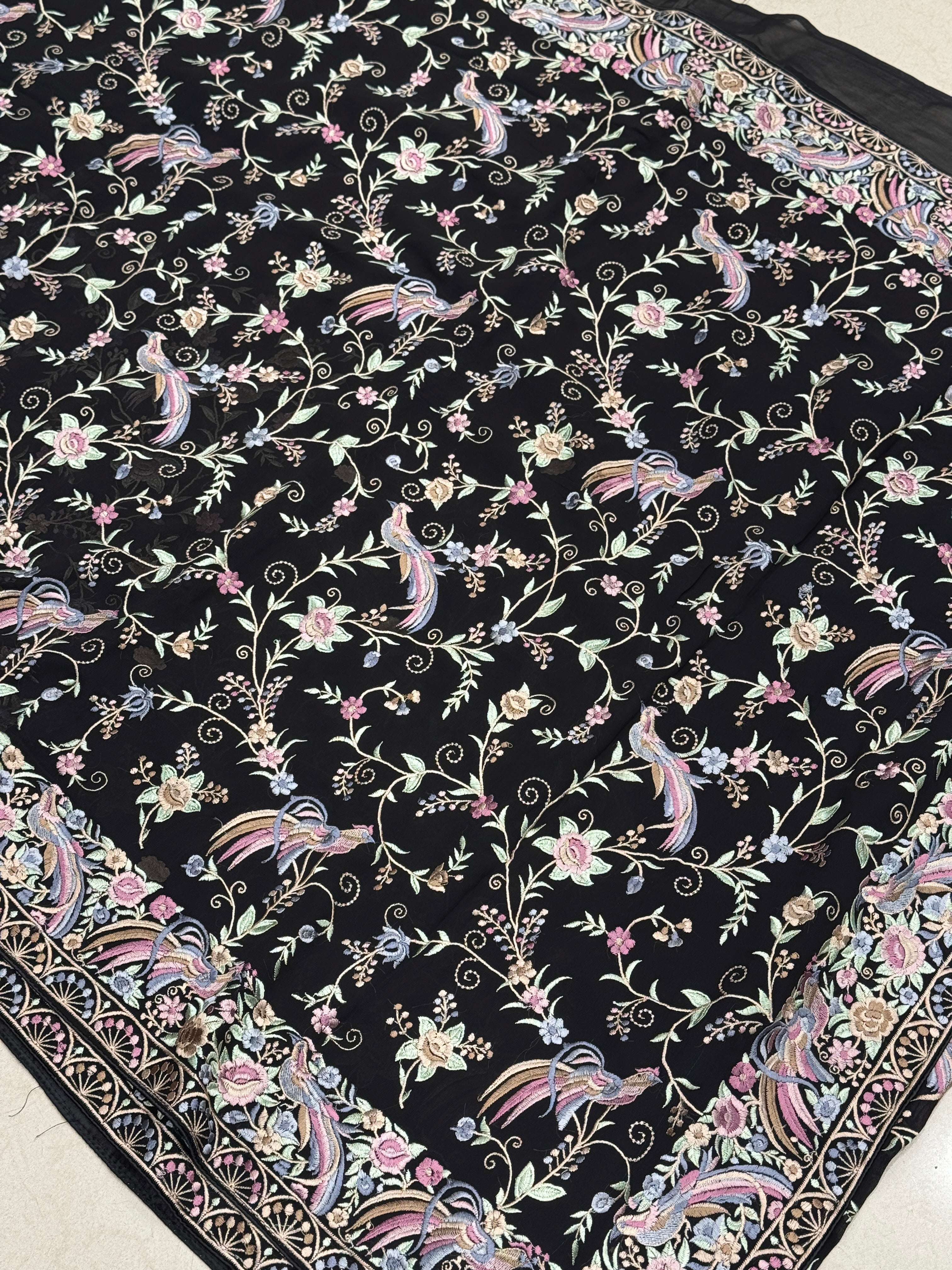 Black Multi Georgette Floral Parsi Gara Saree