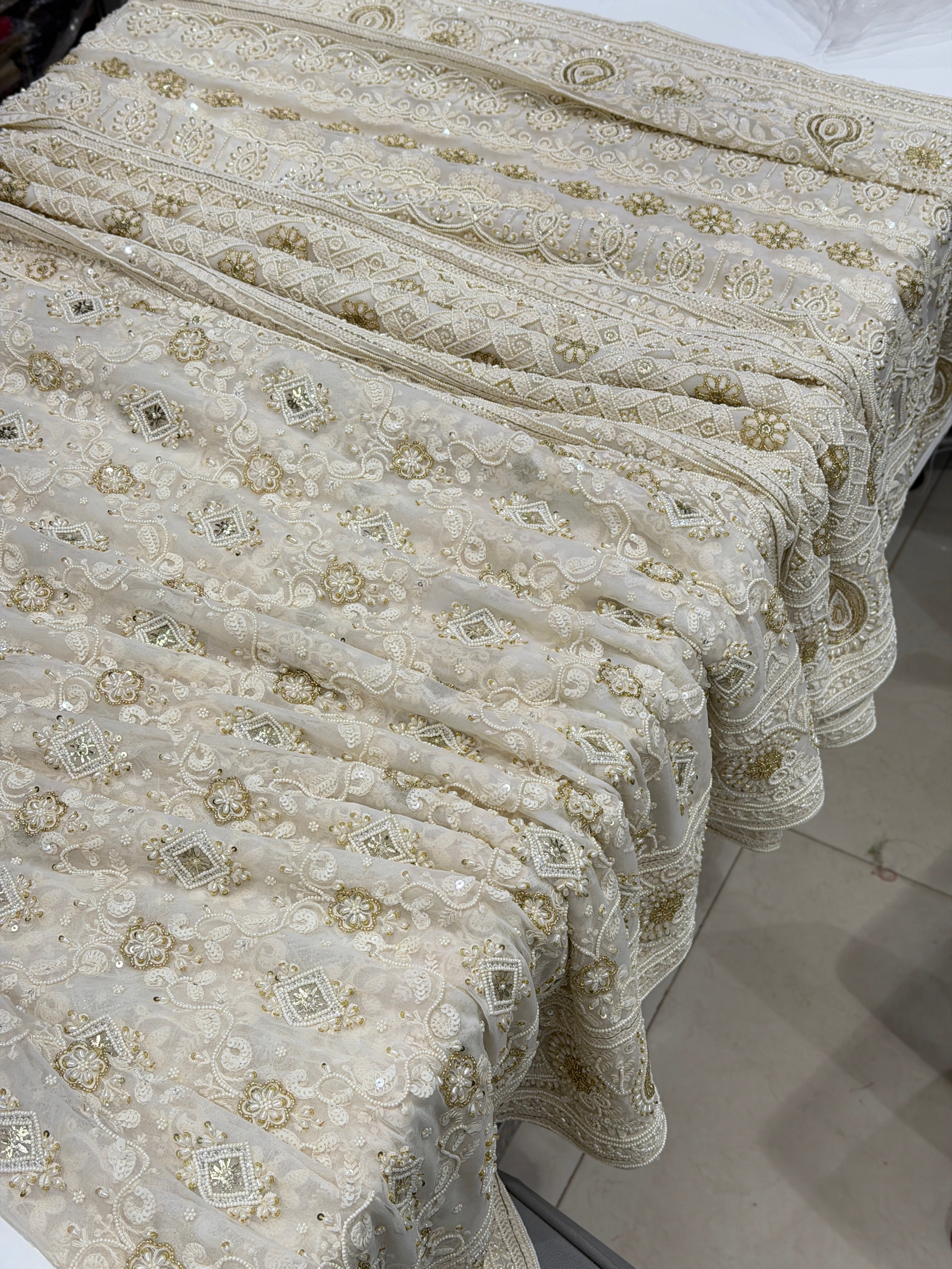 Moti White Georgette Chikankari Moti Sequin Hand Embroidery Saree