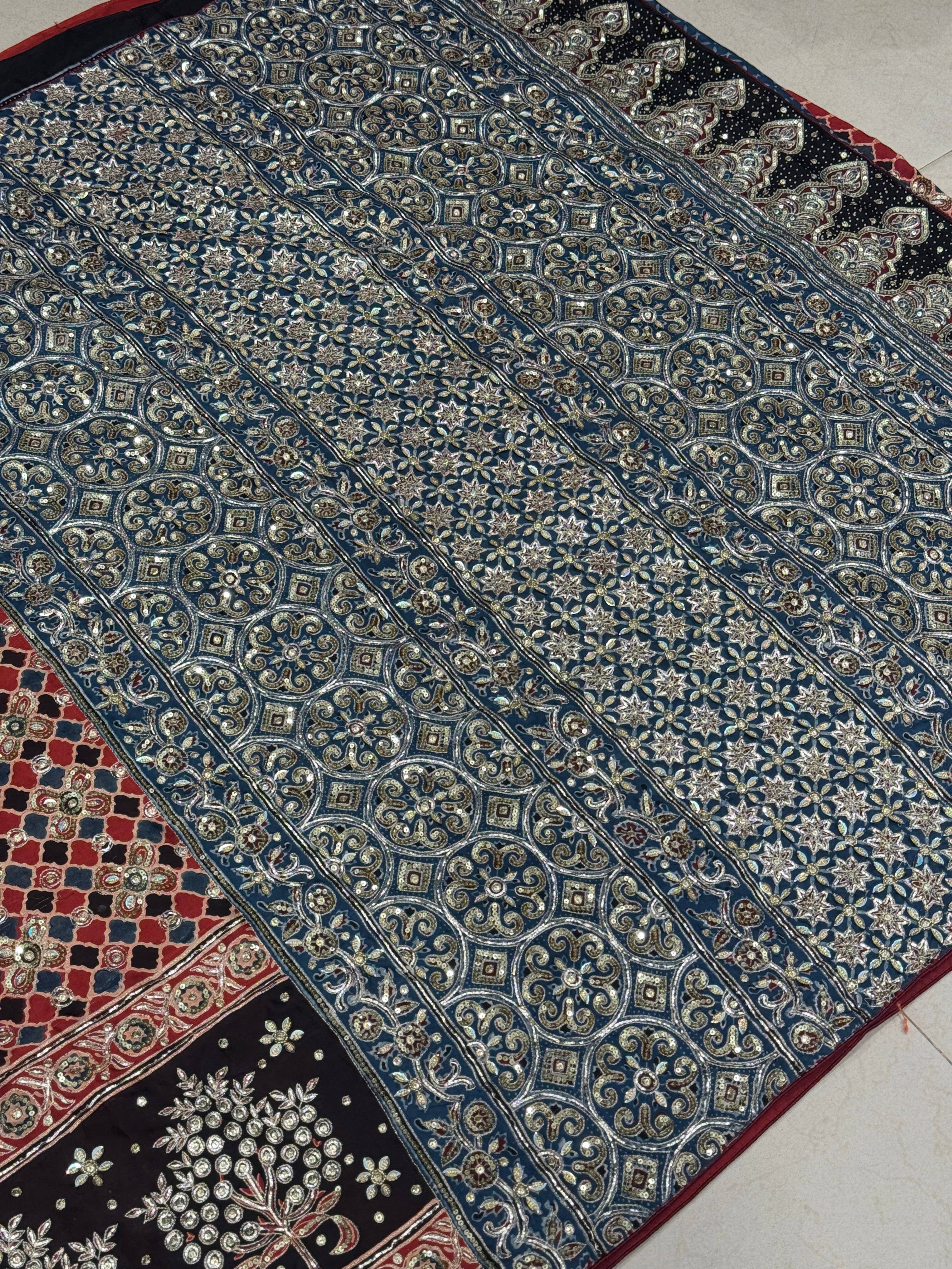 Red Blue Jali Buttas Pita Sequin Ajrakh Hand Embroidery Saree