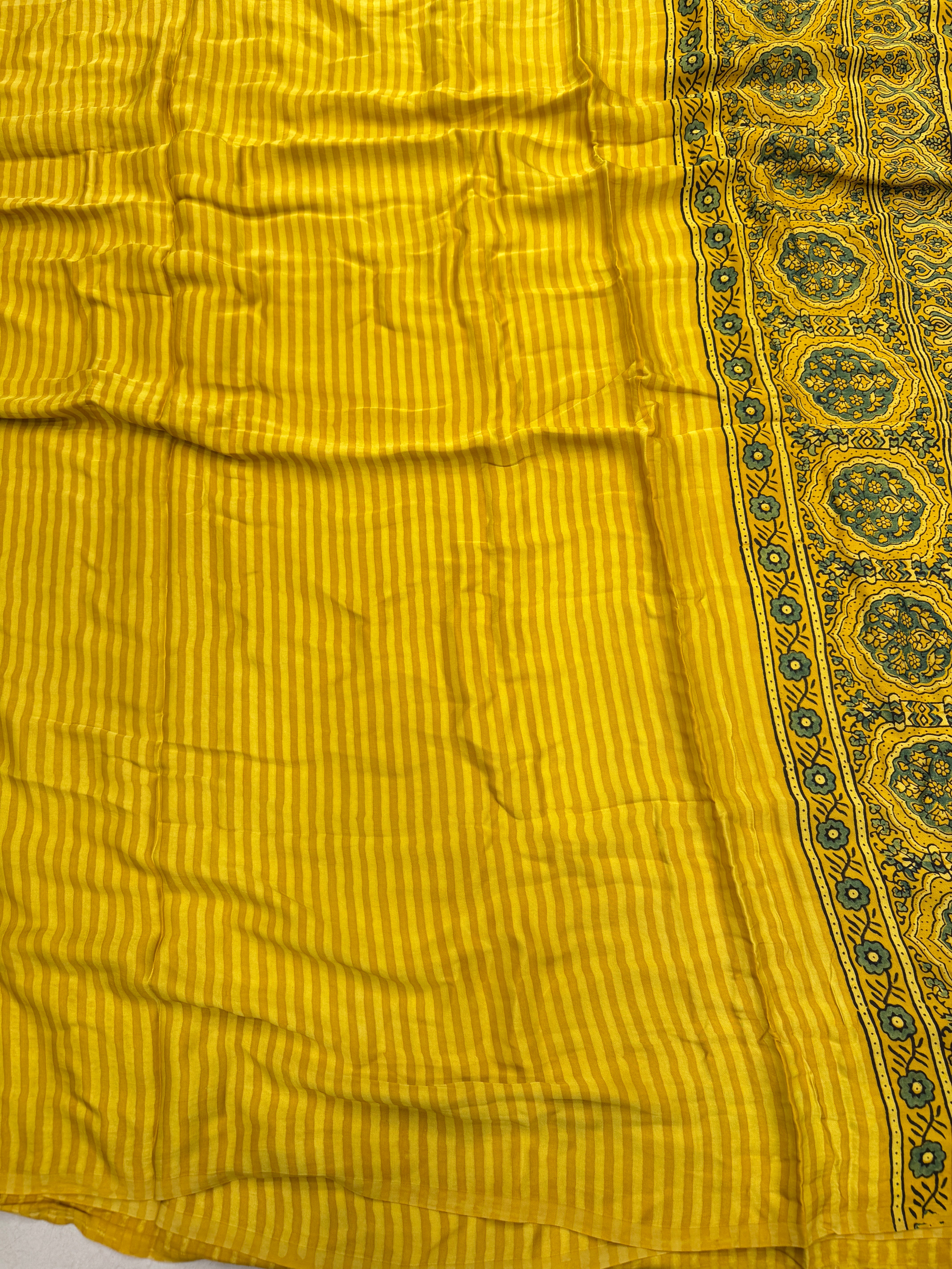 Yellow Contemporary Ajrakh Hand Block Print Pure Gajji Silk Saree