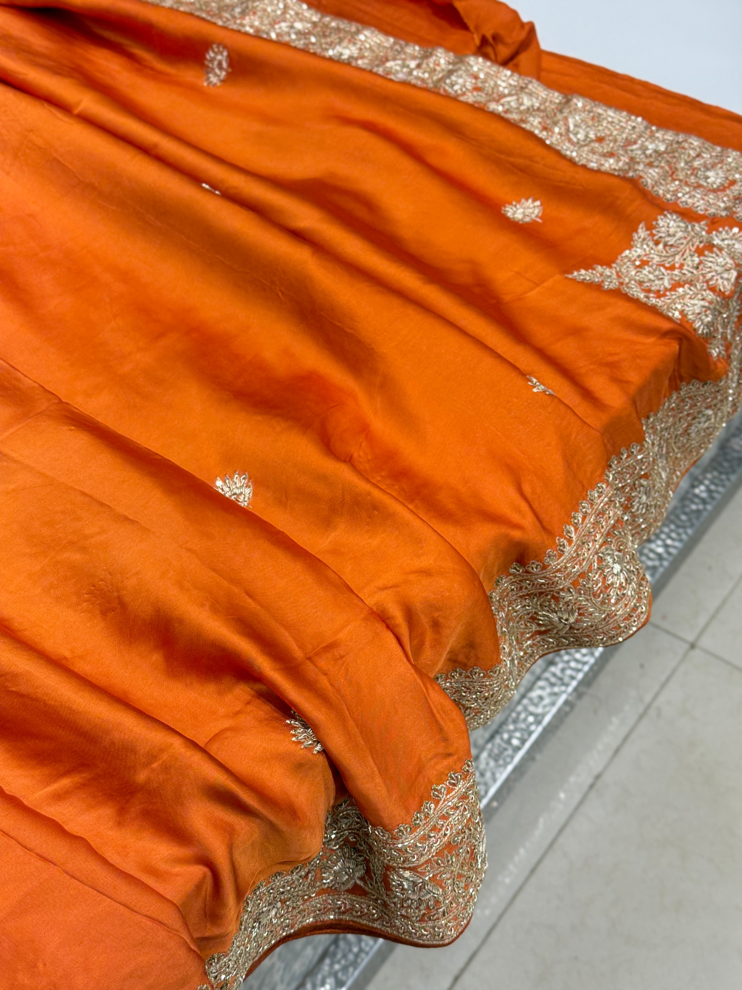 Rust Orange Buttis Pure Satin Hand Embroidery Zardosi Saree