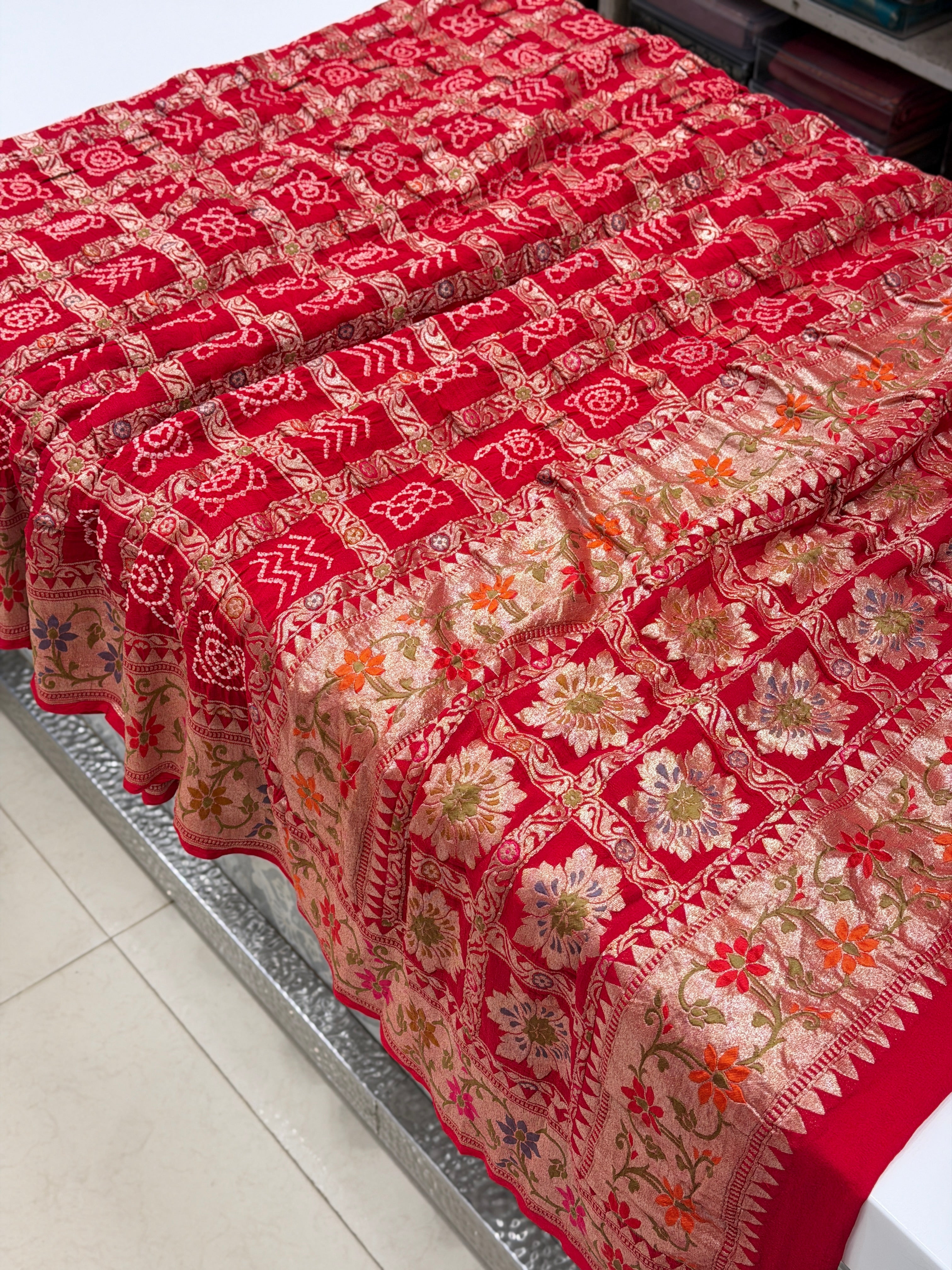 Red Gharchola Bandhej Meenakari Pure Georgette Rai Bandhej Saree
