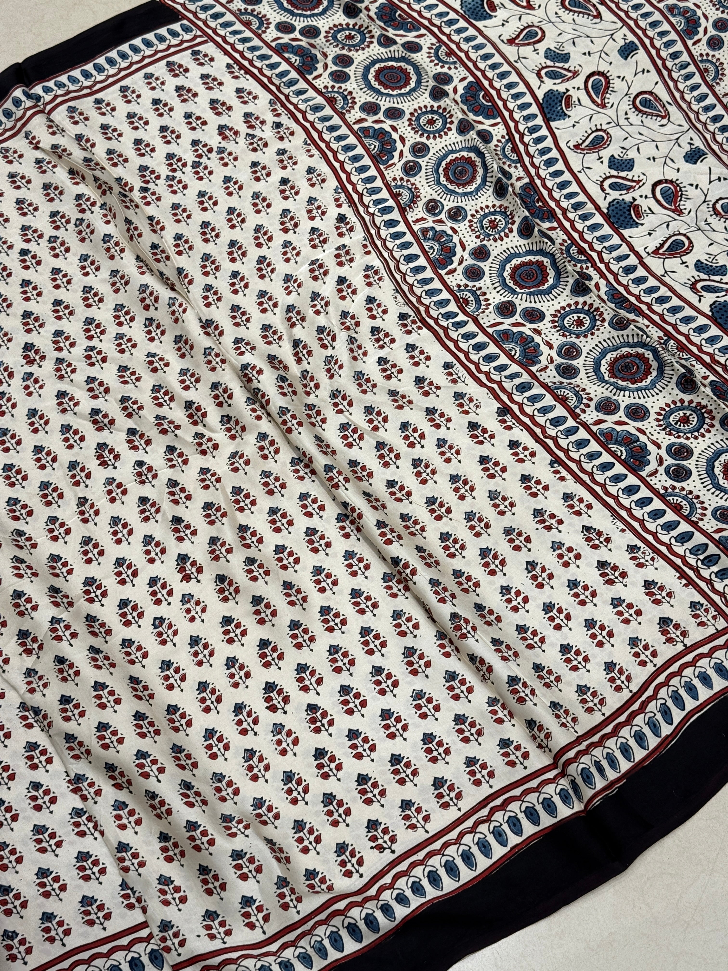 White Blue Buttis Ajrakh Block Print Hand Pure Gajji Silk Saree