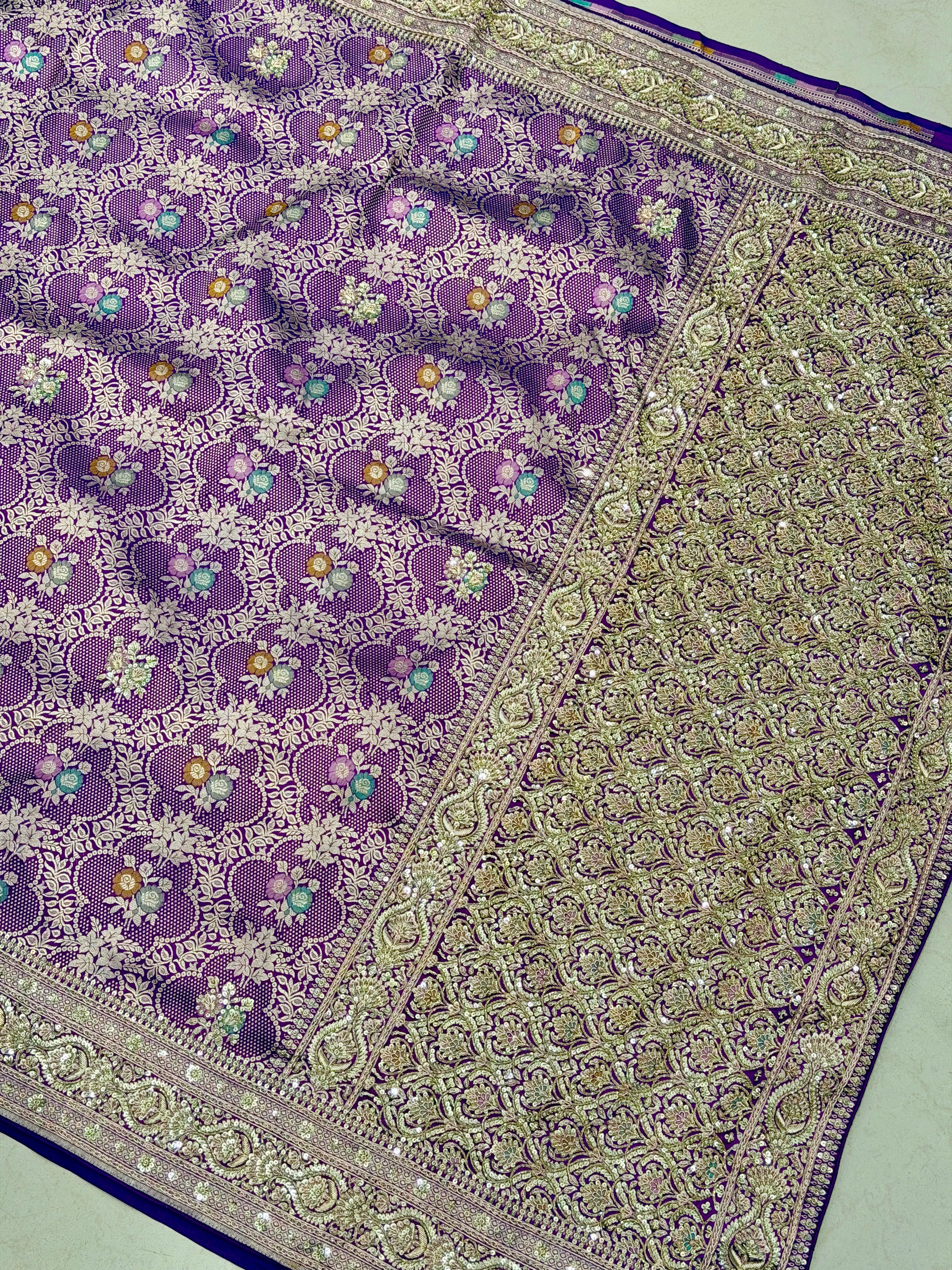 Violet Brocade Meenakari Handloom Banarasi Katan Silk Zardosi Hand Embroidery Saree