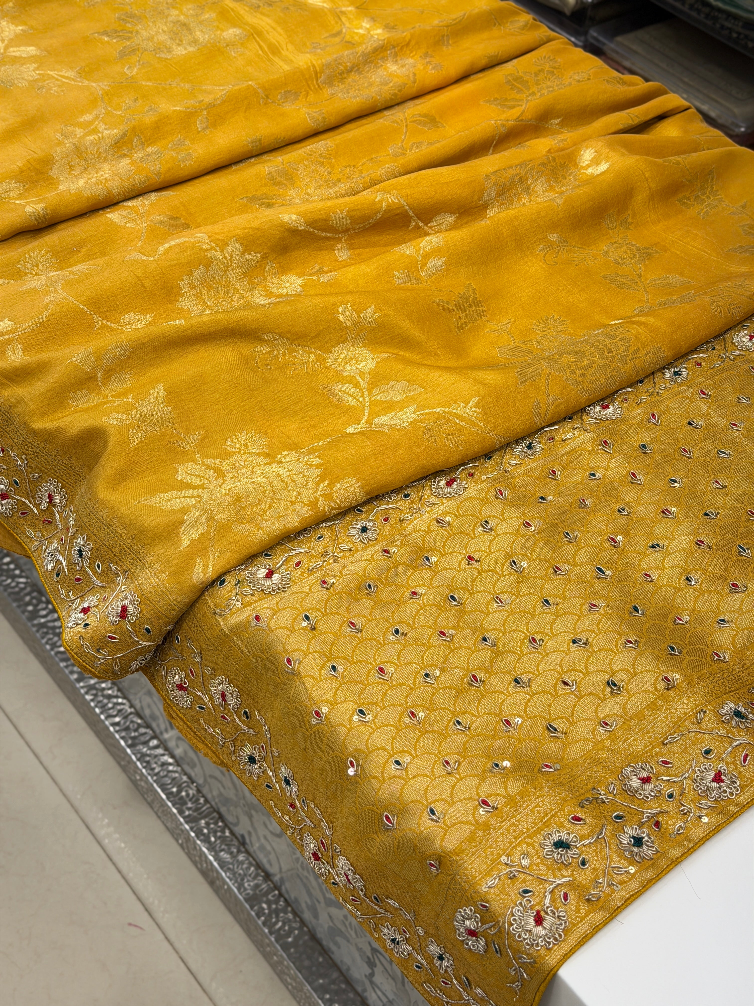 Mustard Yellow Banarasi Munga Zardosi Resham Hand Embroidery Saree
