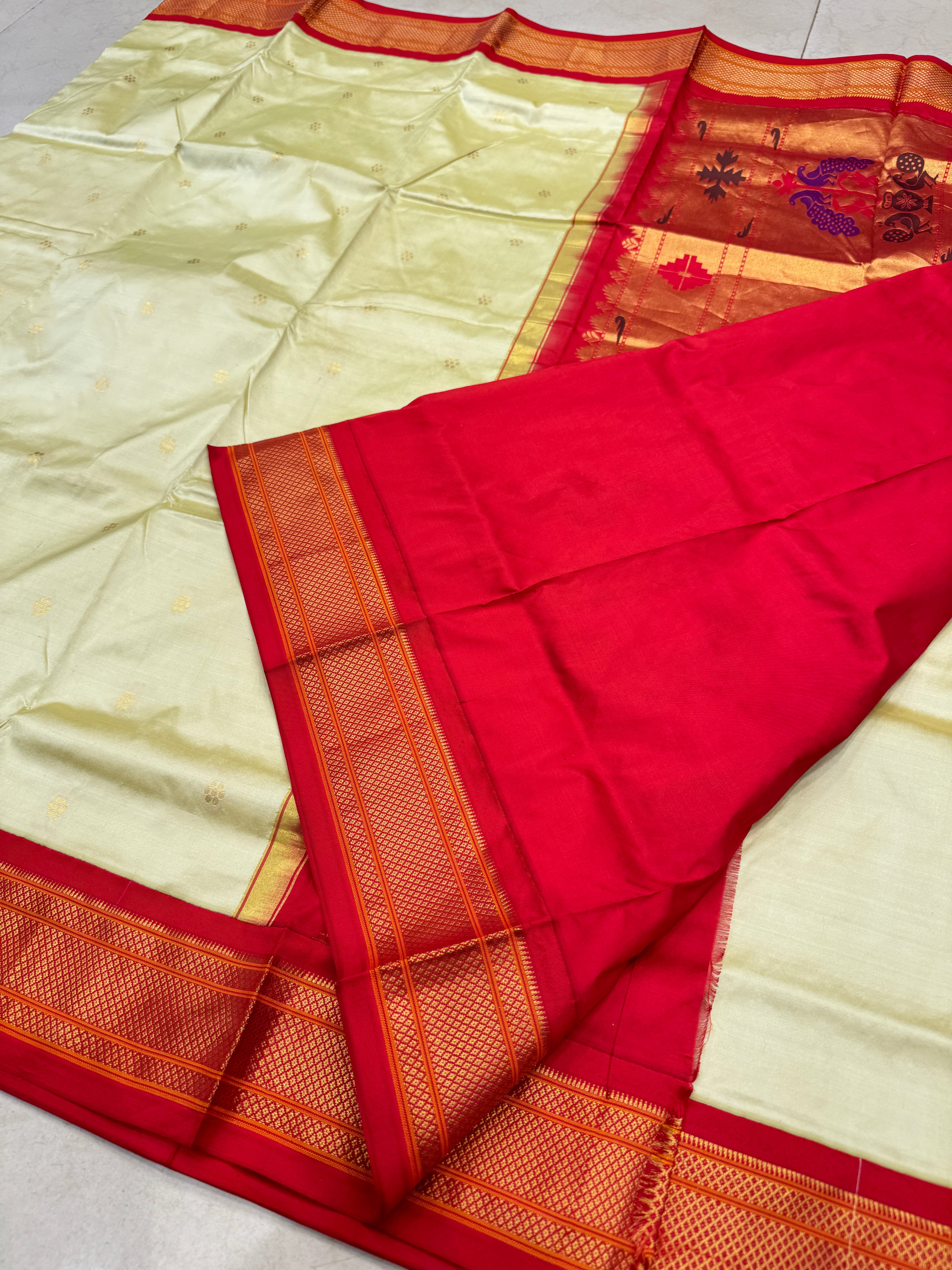 Beige Red Pure Silk Paithani Saree