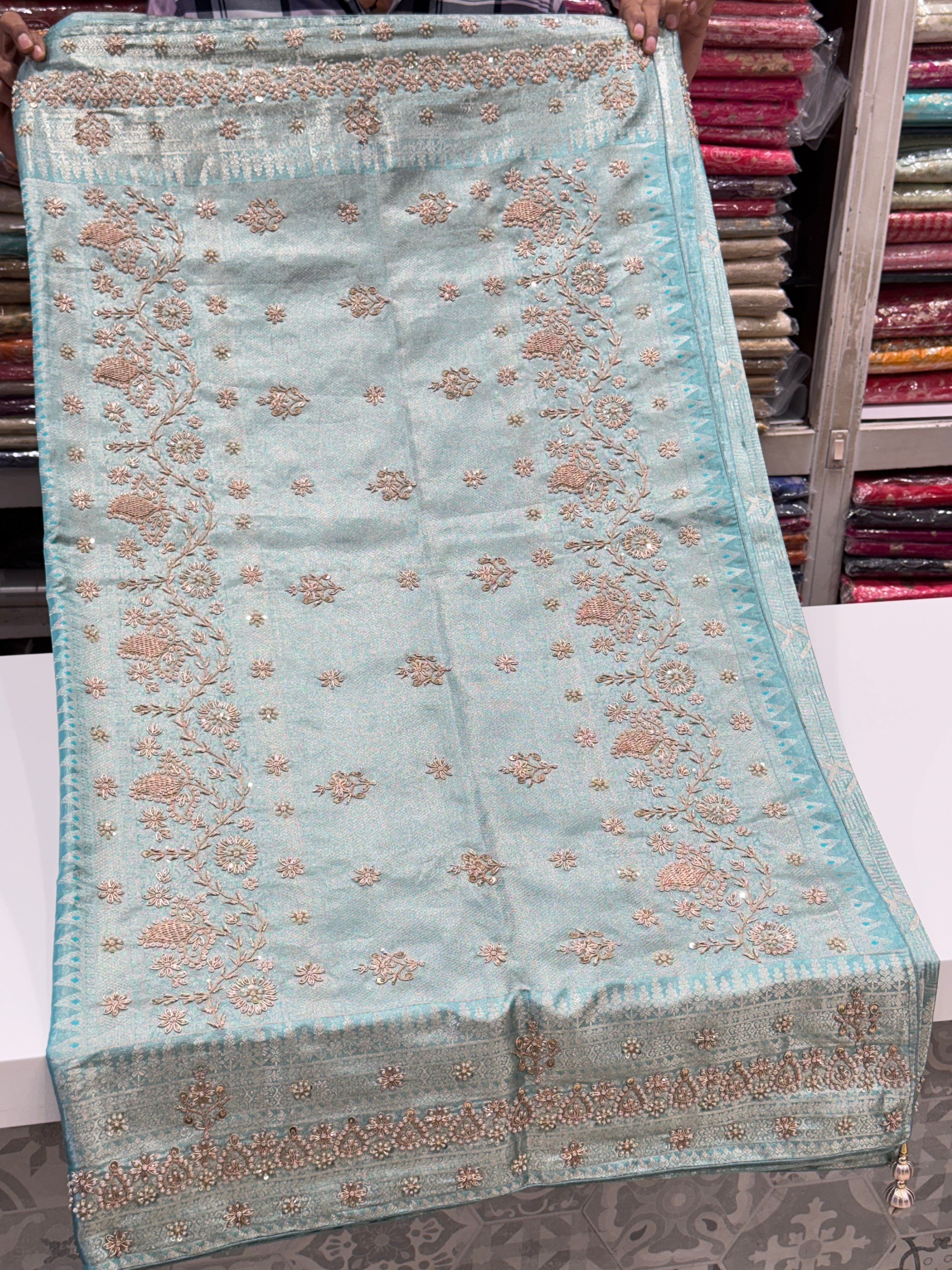 Sea Green Kanjivaram Zardosi Hand Embroidery Saree