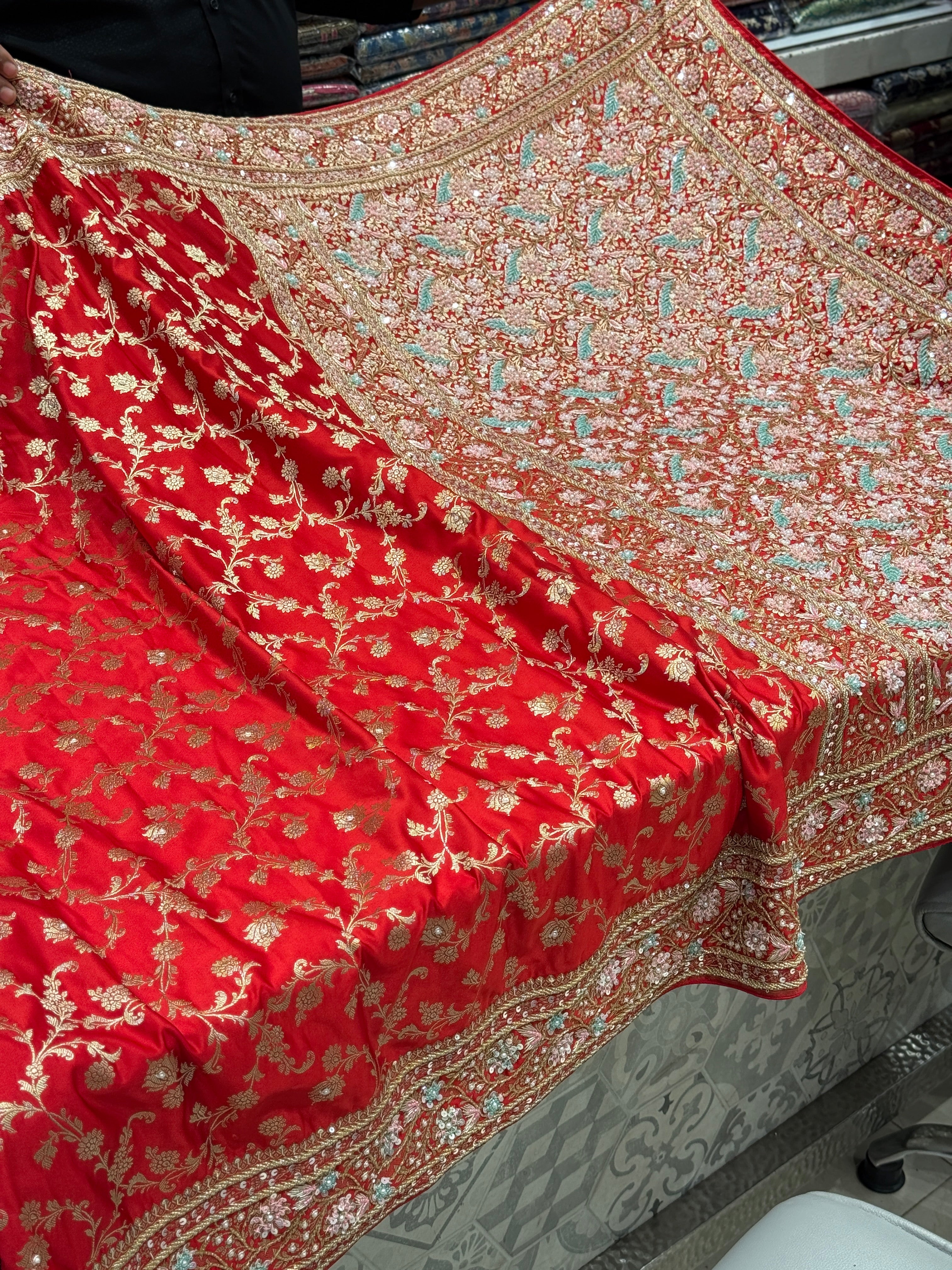 Red Banarasi Upside Down Border Fancy Hand Embroidery Saree