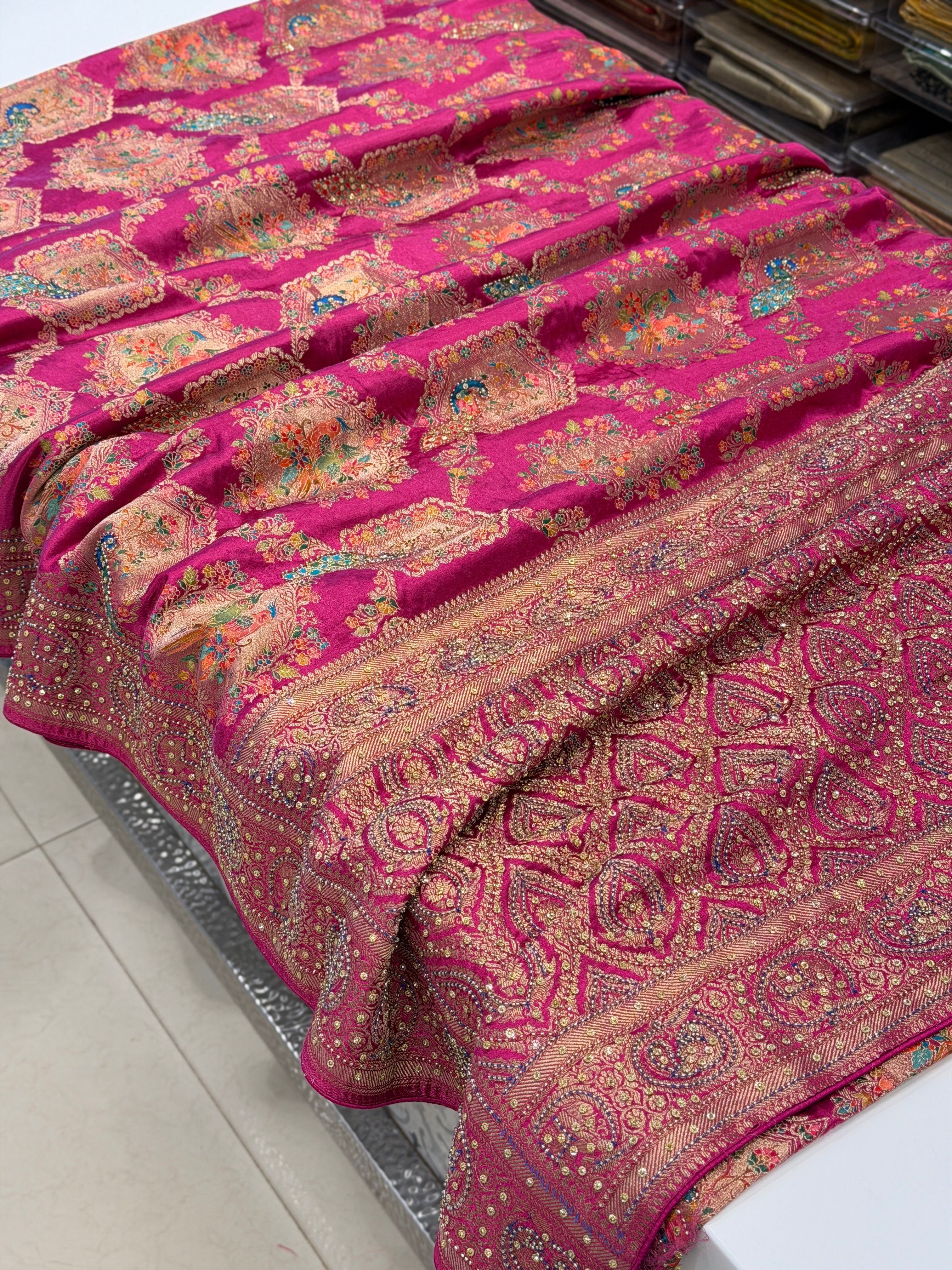 Wine Banarasi Modal Peacock Motif Kutchi Hand Embroidery Saree