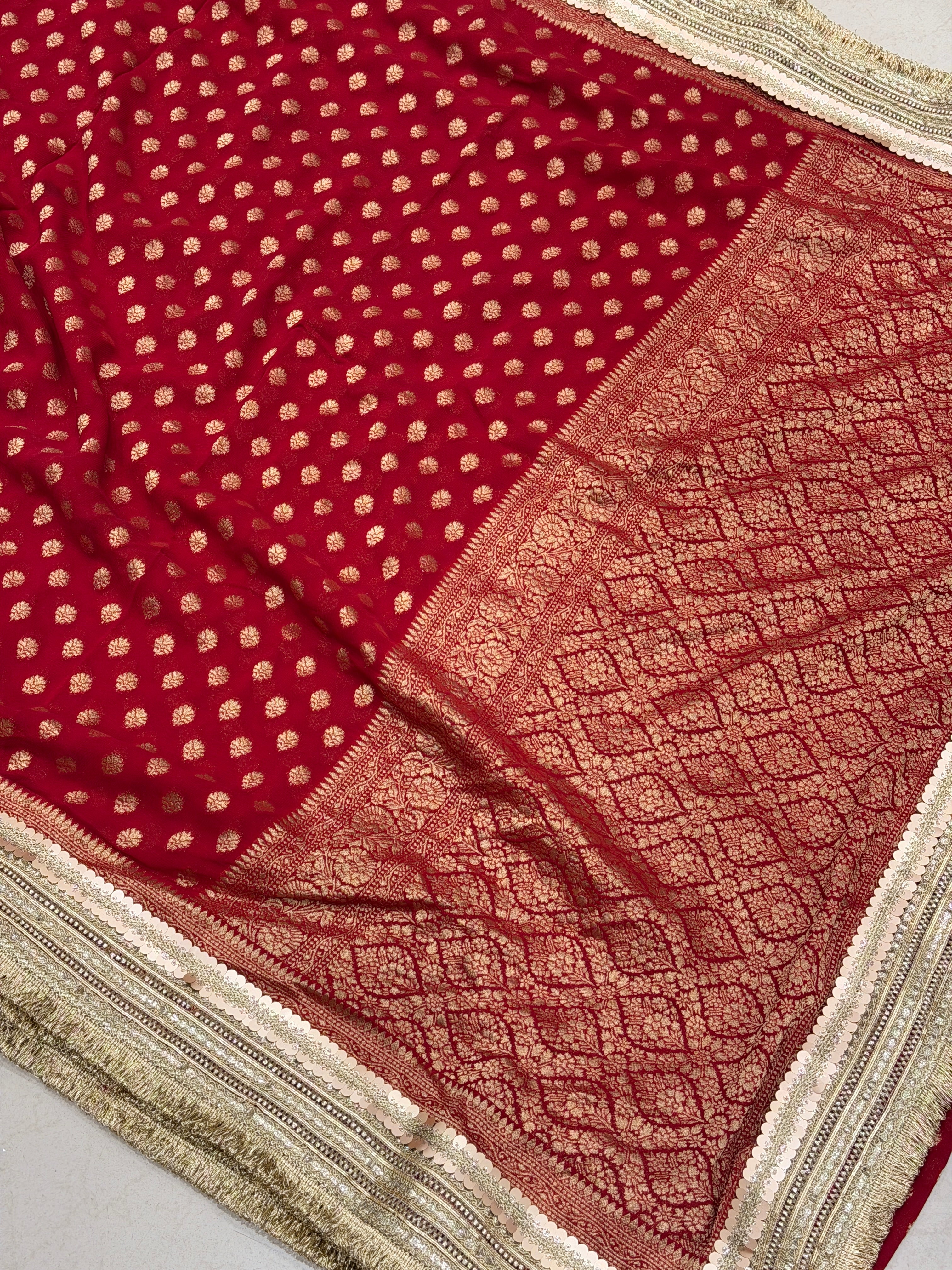 Red Banarasi Khaddi Georgette Buttis Maharani Lace Saree