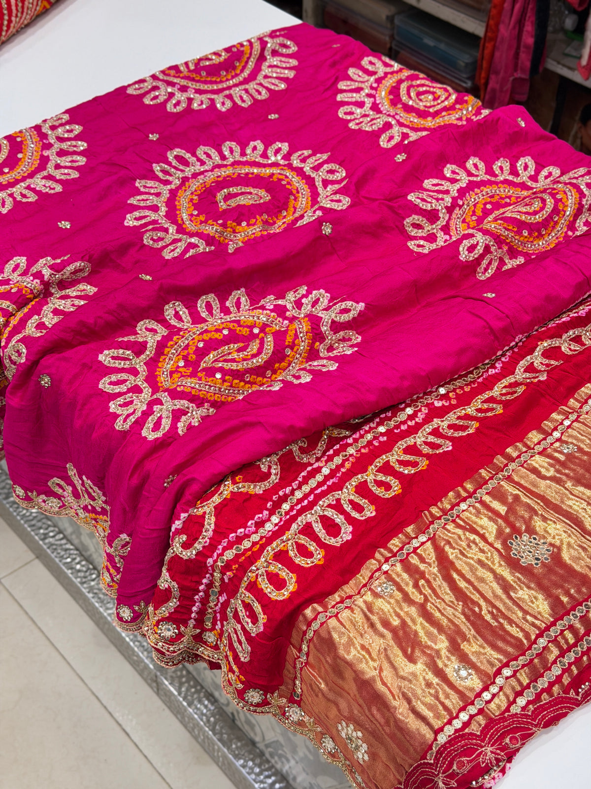 Rani Red Half Gharchola Gajji Silk Bandhej Gotapatti Marodi Hand Embroidery Saree