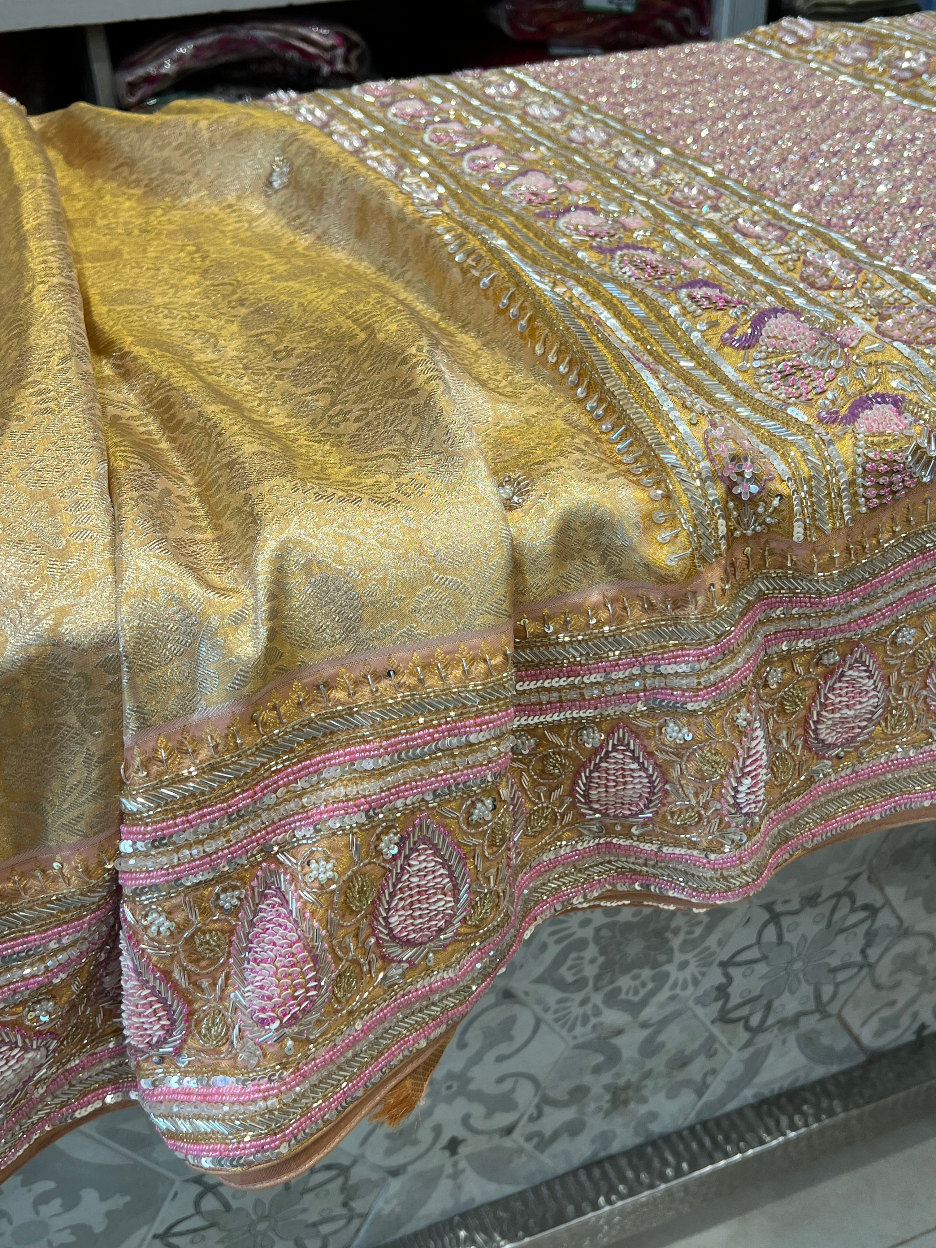 Golden Kanjivaram Moti Zardosi Hand Embroidery Saree