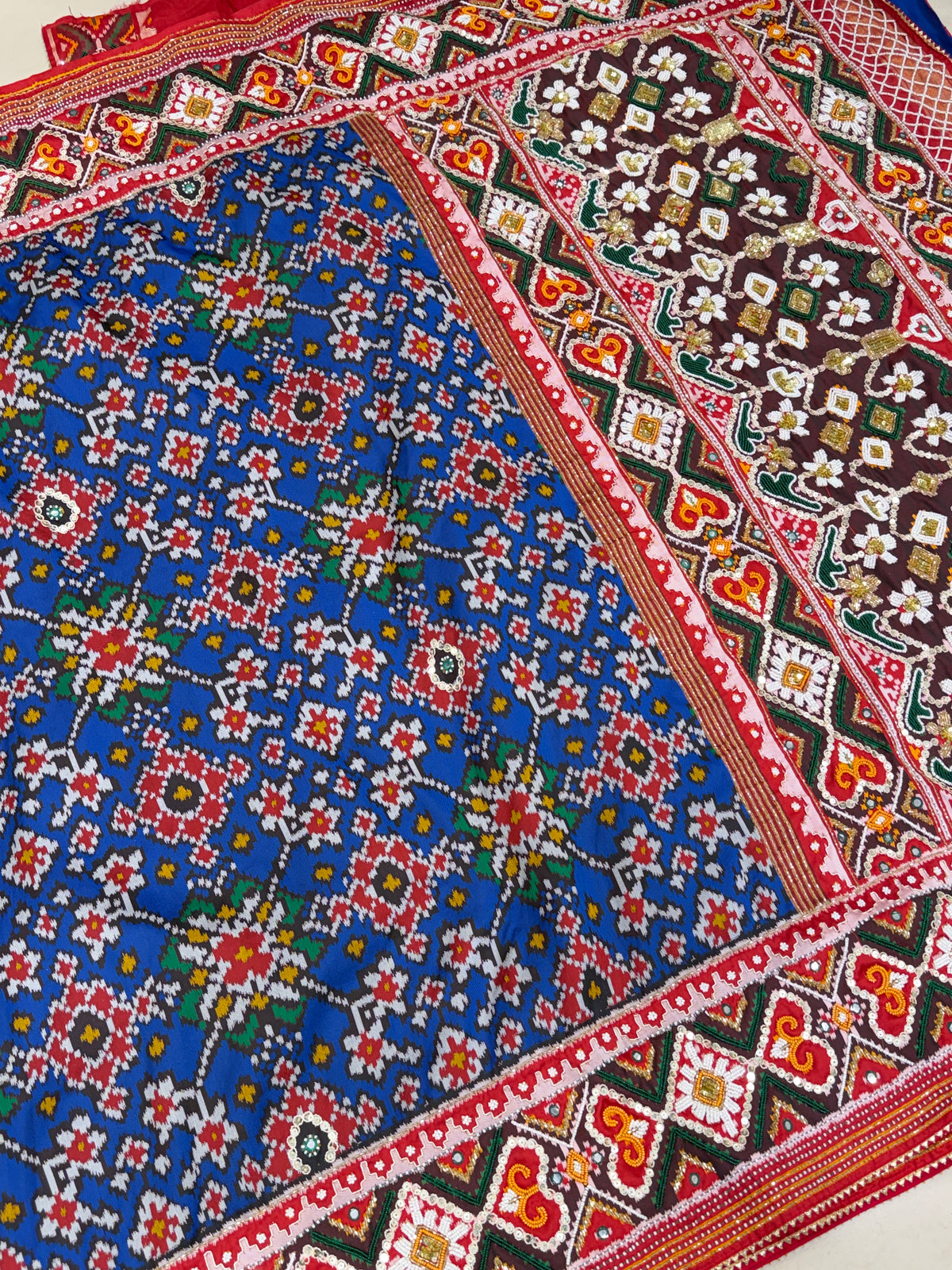 Blue Red Semi Silk Patola Kidiya Moti Hand Embroidery Saree