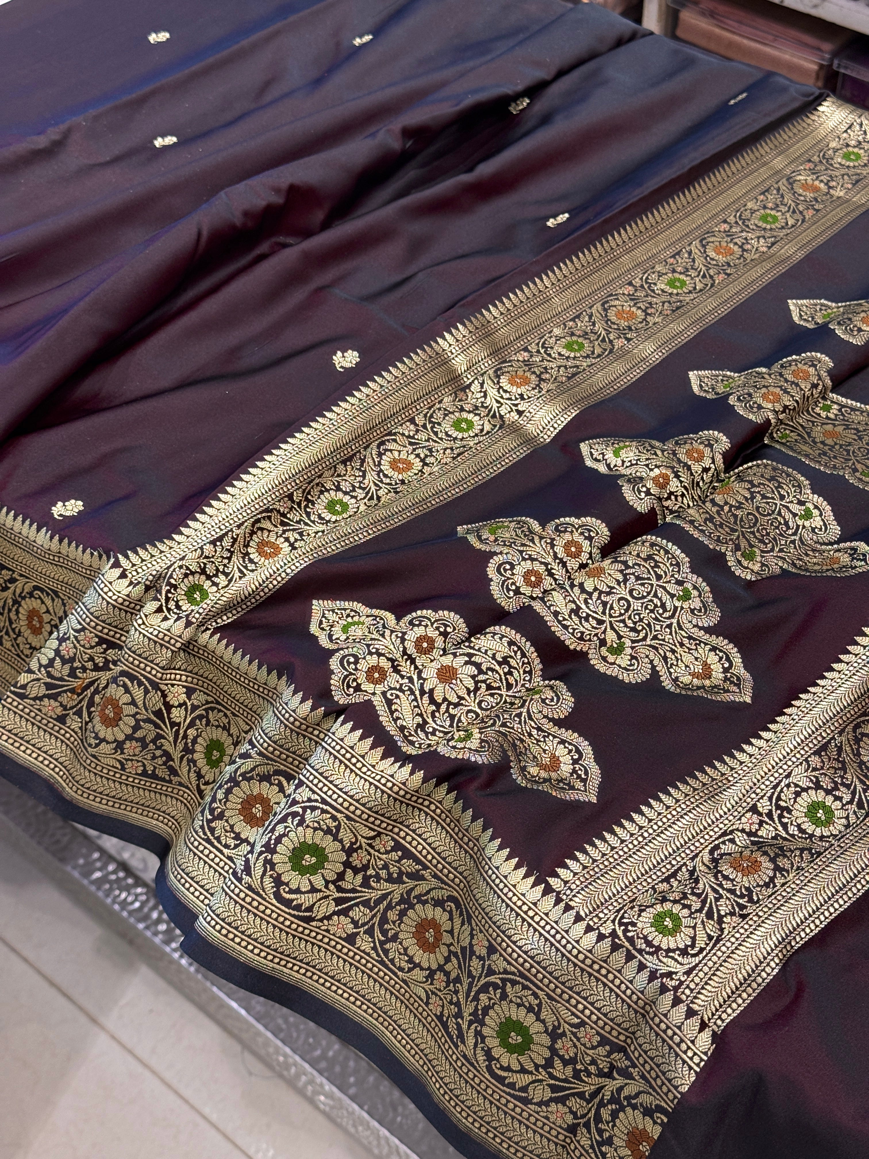 Browish Red Banarasi Silk Floral Buttis Meenakari Border Silk Saree