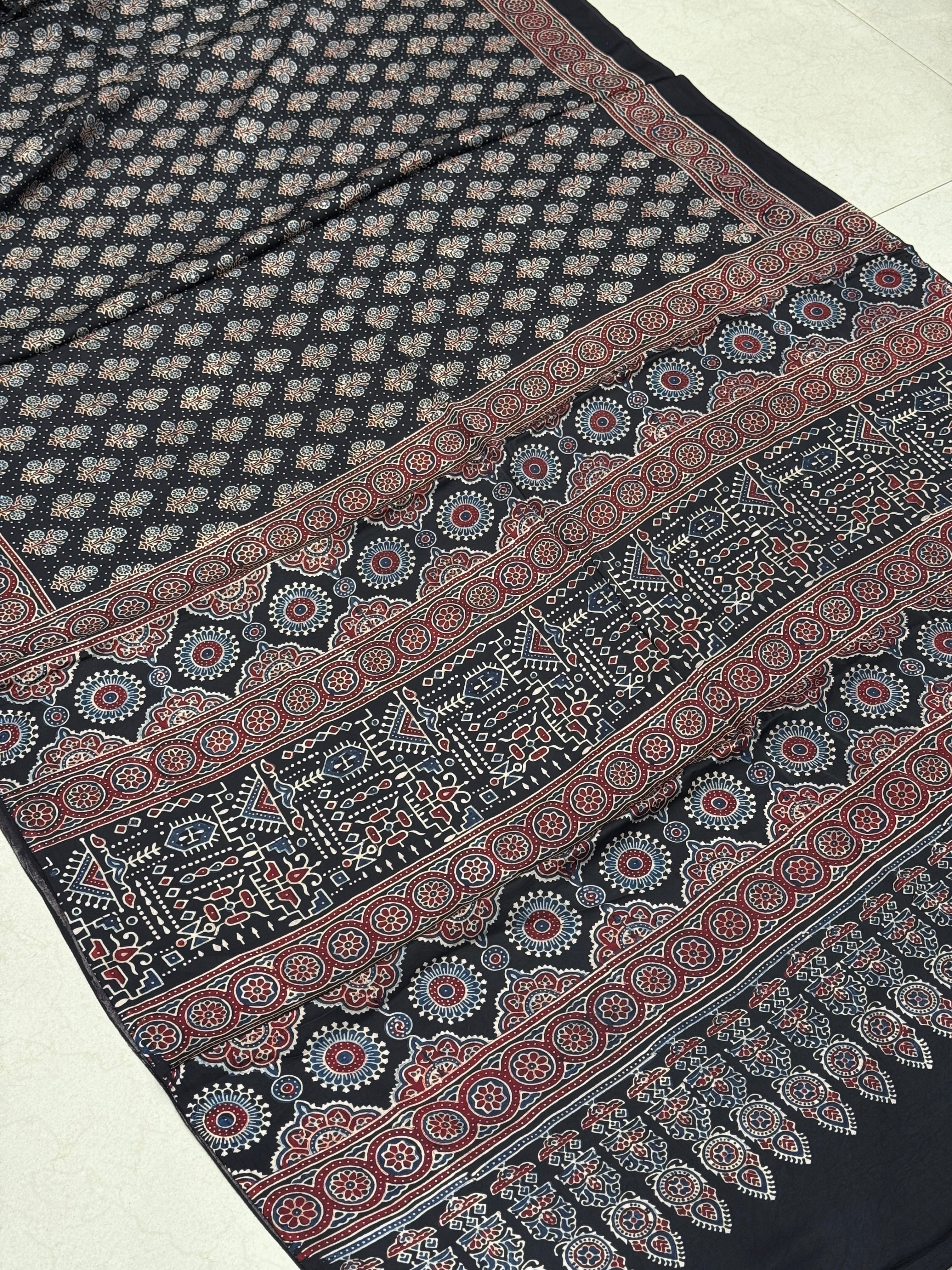 Black Floral Buttas Dot Style Hand Block Print Ajrkah Pure Gajji Silk Saree