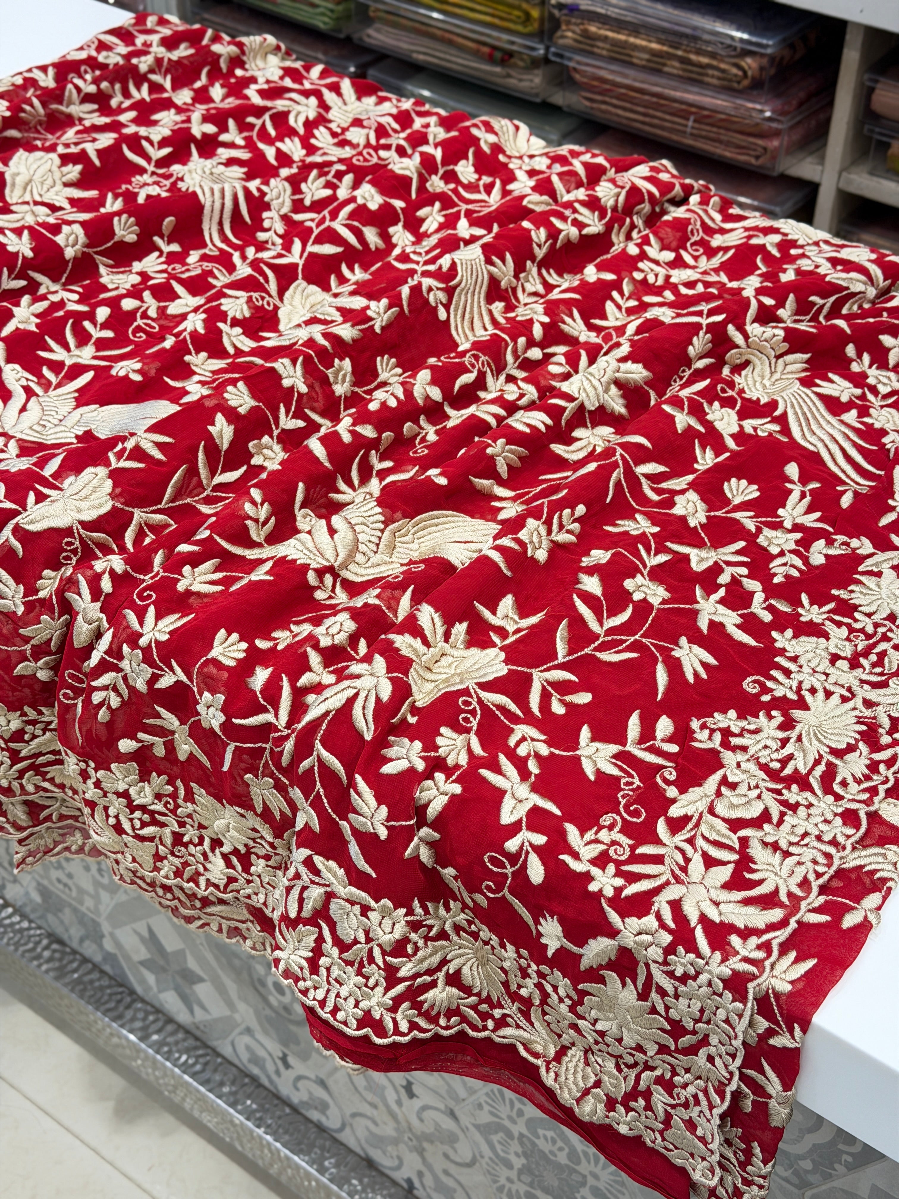 Red Georgette Floral Jaal Flamingo Resham Embroidery Saree