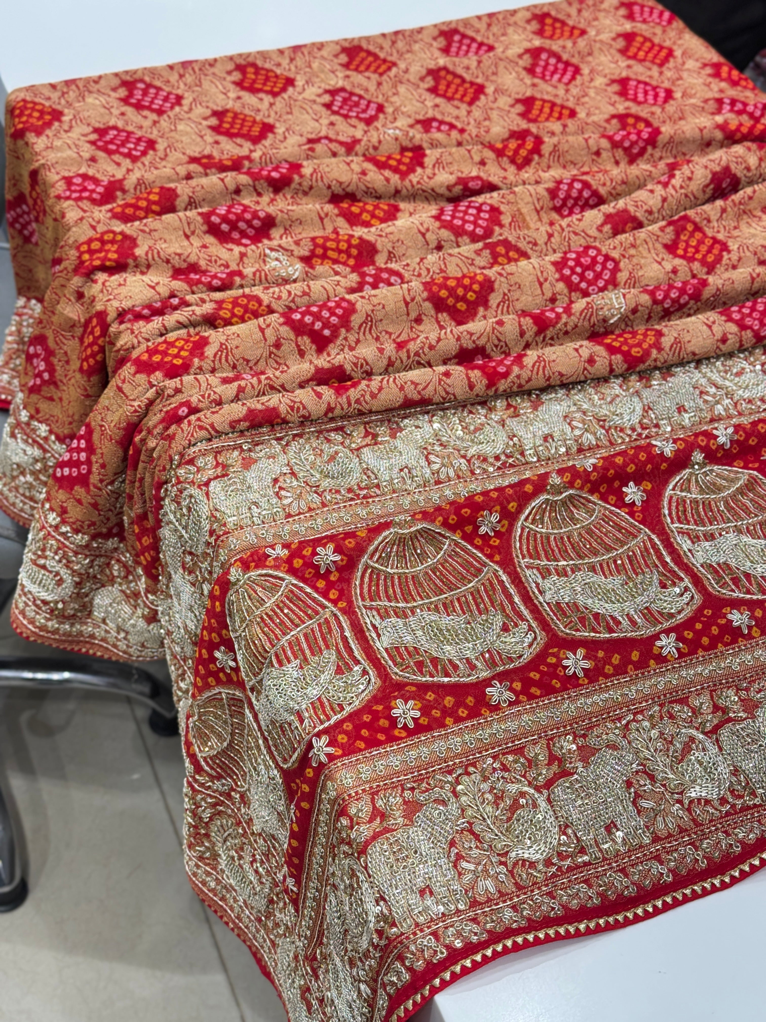 Red Bandhej Zardosi Saree