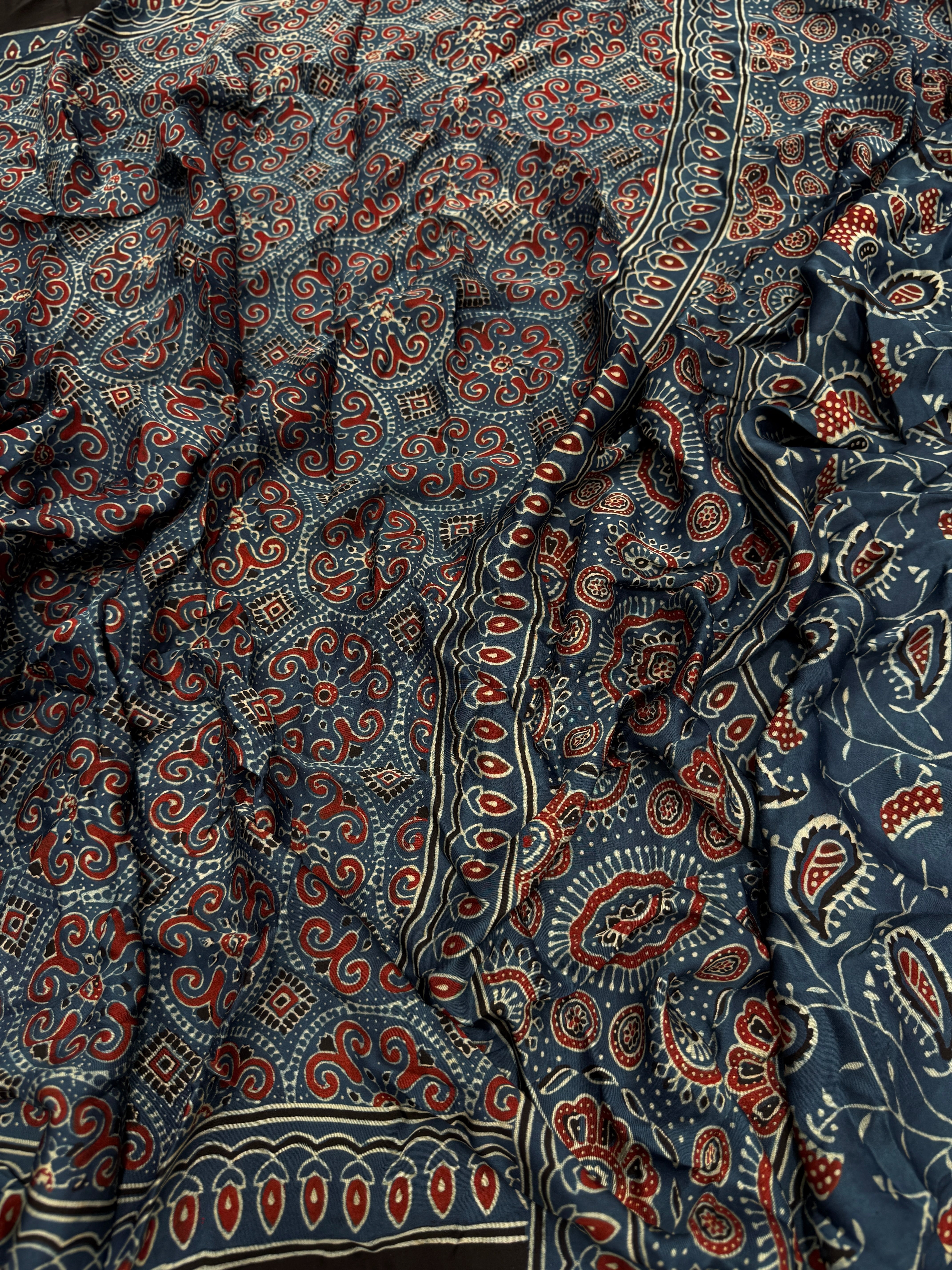 Blue Jewelled Jaal Ajrakh Modal Gajji Silk Saree