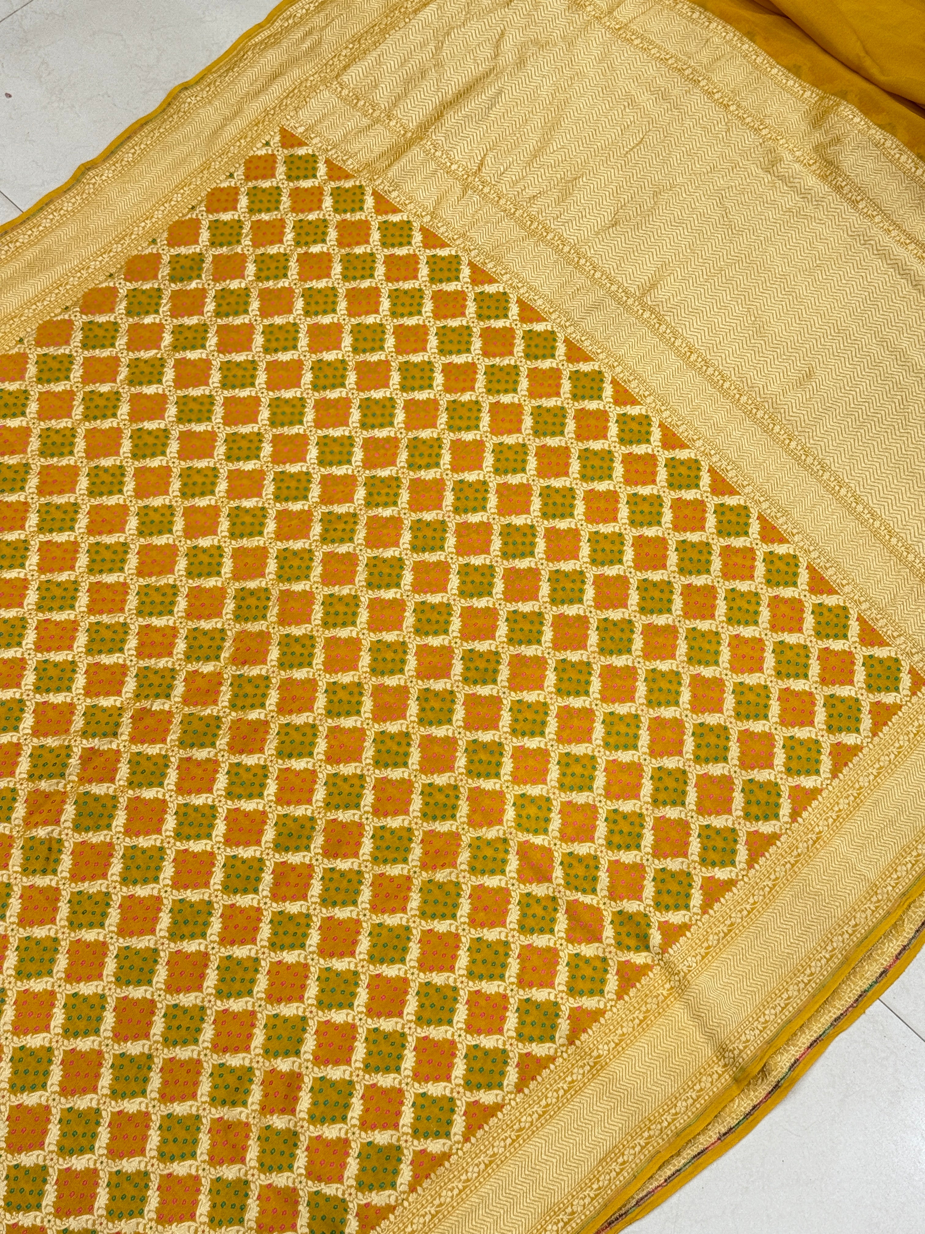 Mustard Yellow Woven Bandhej Banarasi Khaddi Georgette Saree
