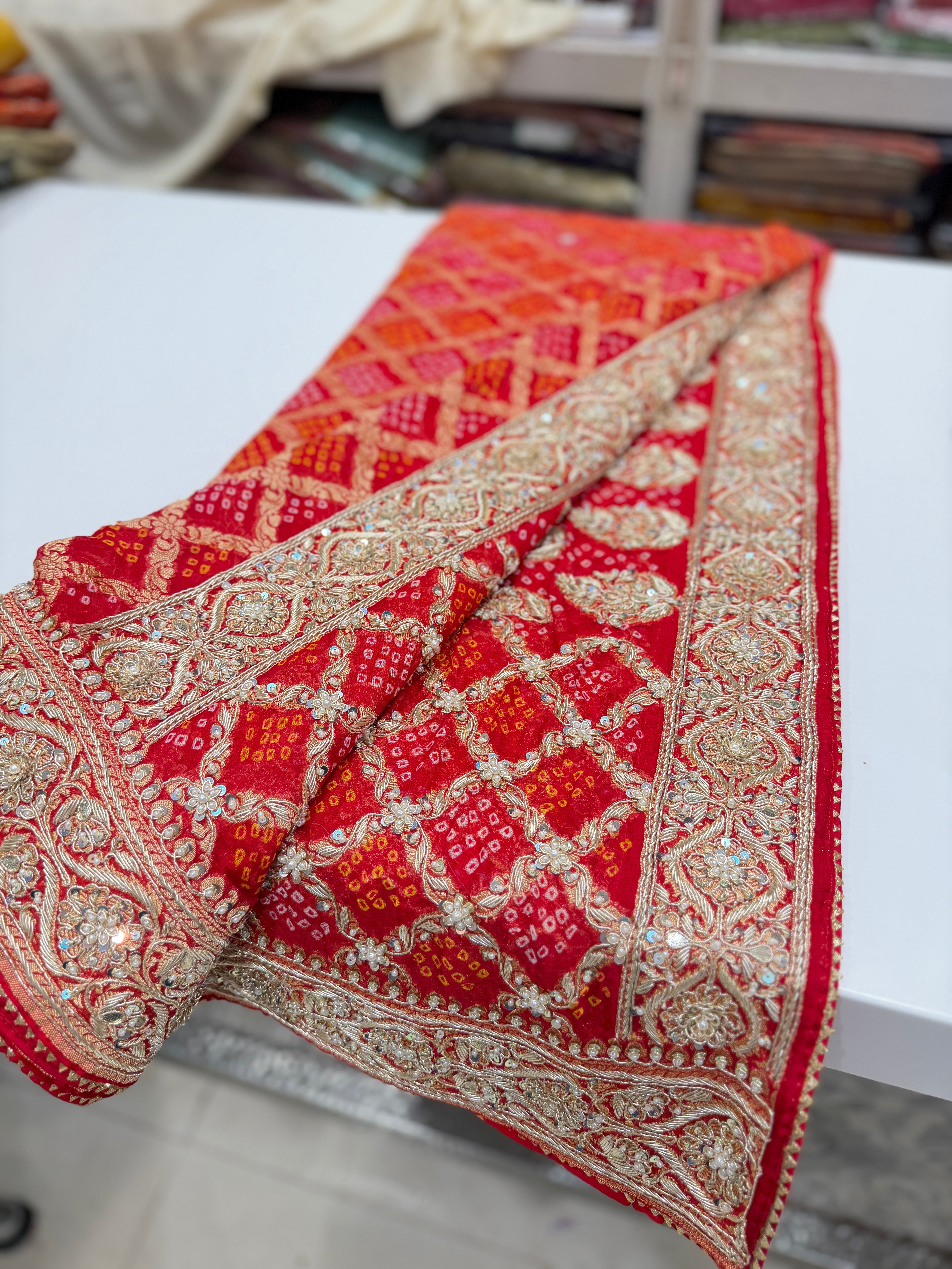 Red Rai Bandhej Georgette Saree Zardosi Hand Embroidery Saree