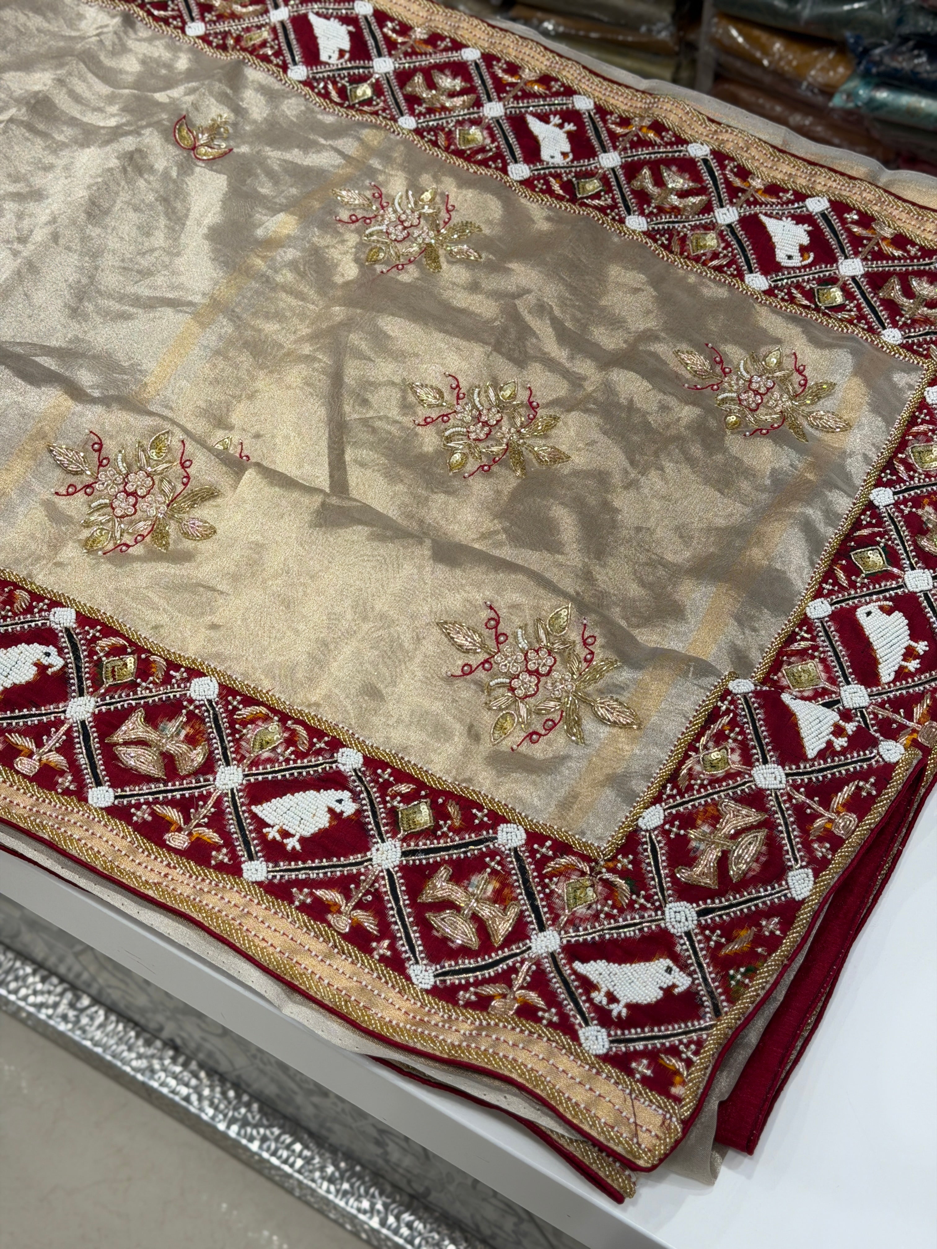 Silver Tissue Patan Patola Border Hand Embroidery Fusion Saree