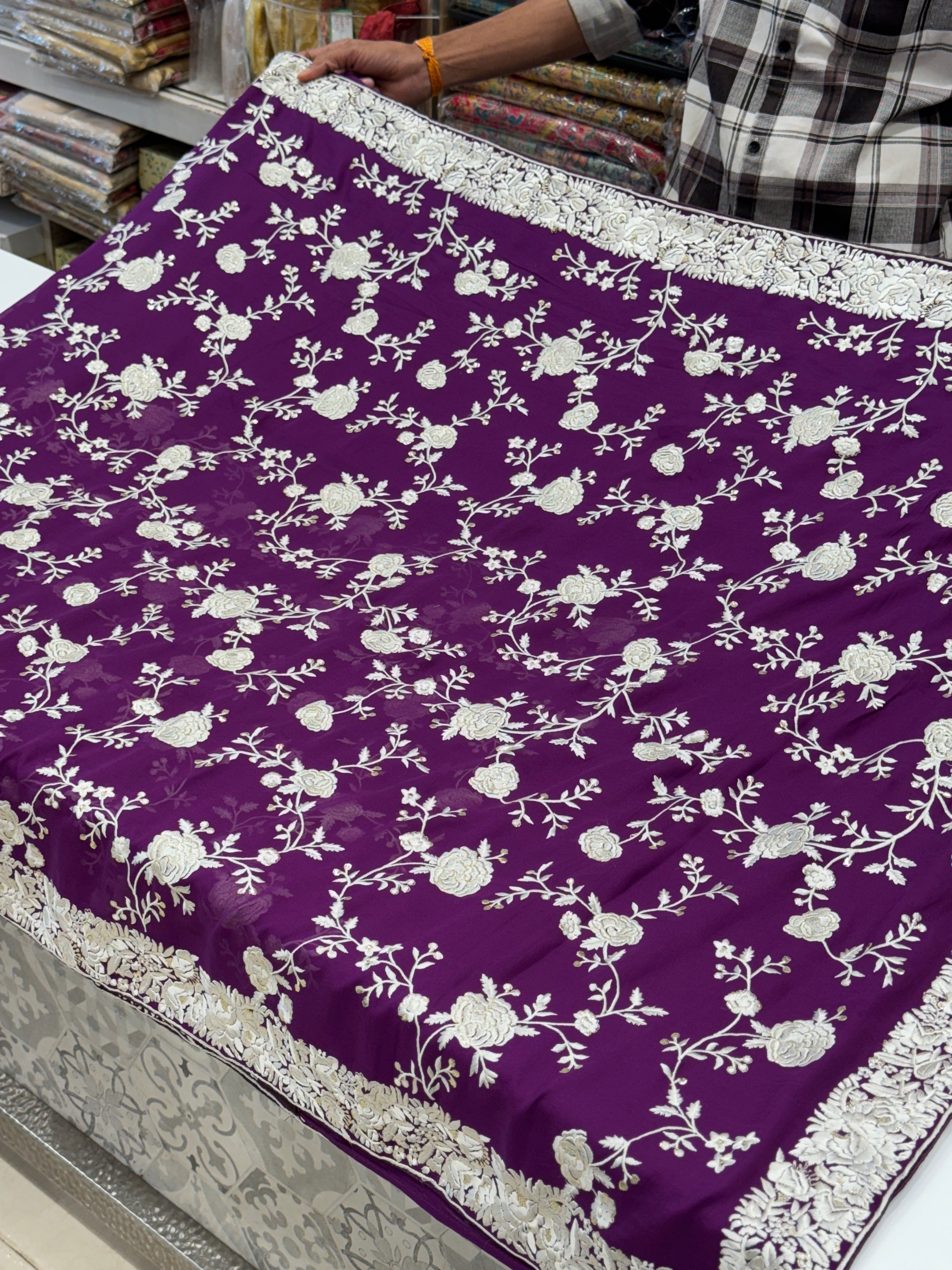 Violet Floral Parsi Gara Jaal Saree