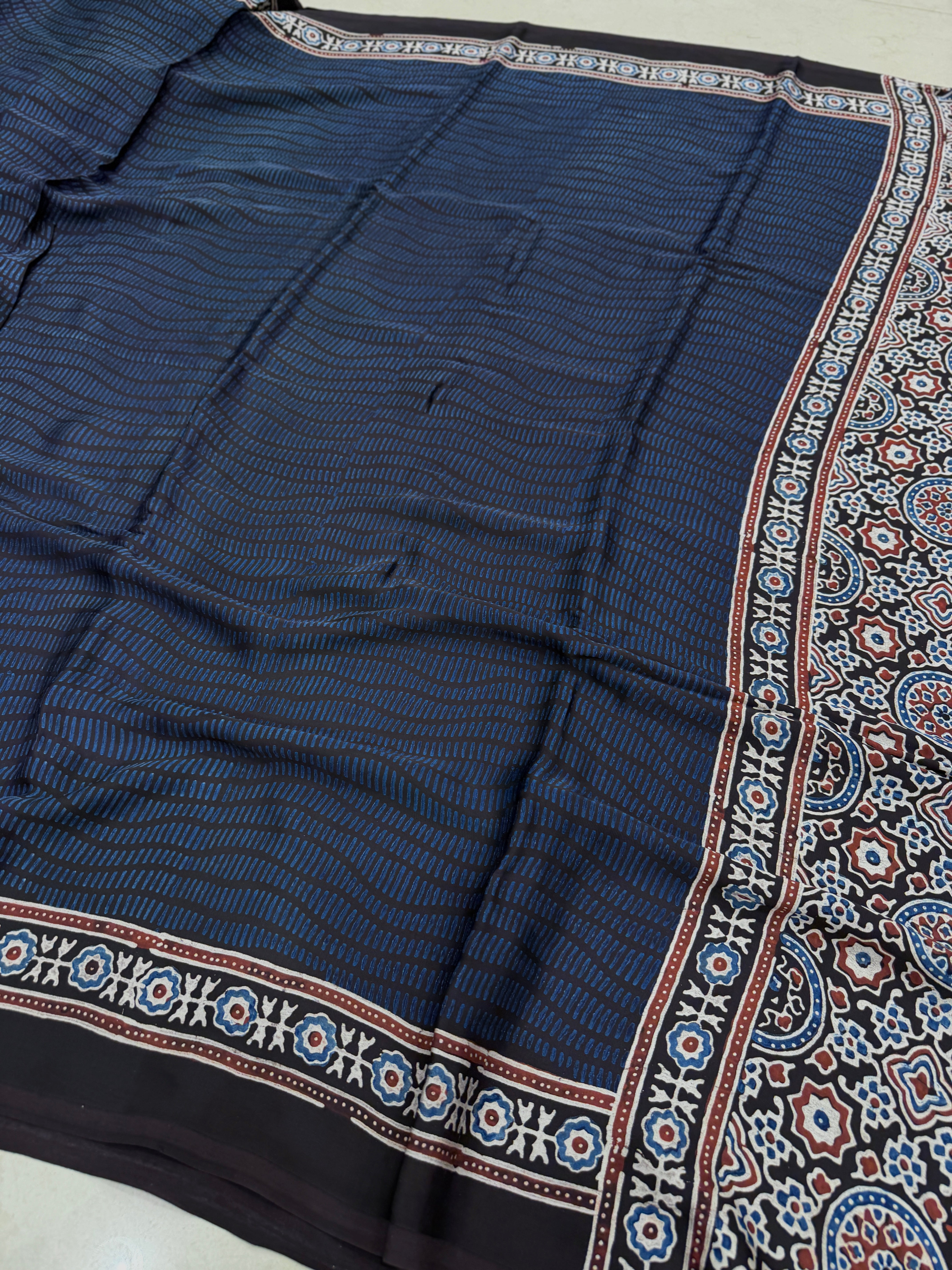 Blue Squiggly Lines Ajrakh Hand Block Print Pure Modal Silk Saree
