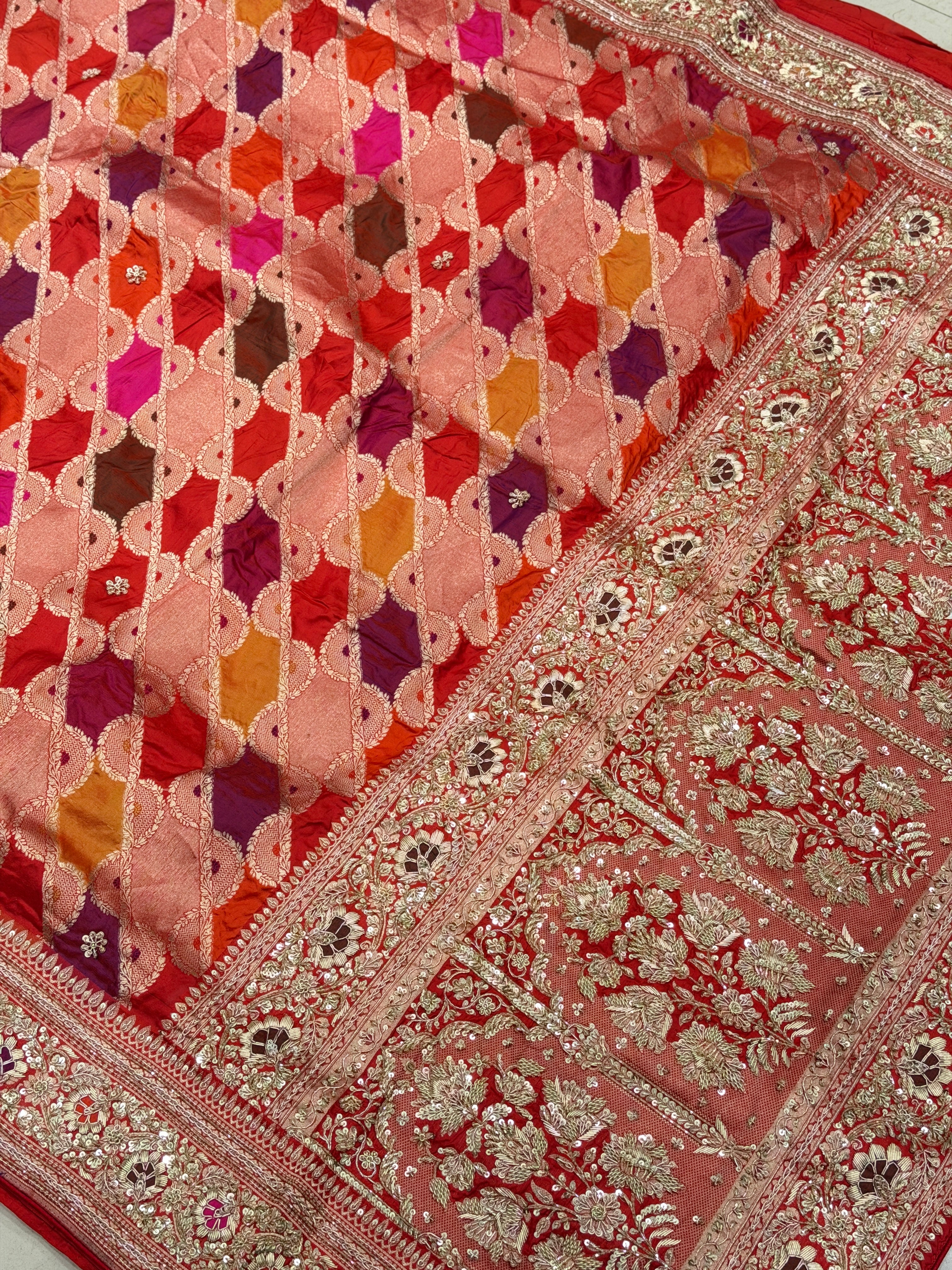 Red Handloom Banarasi Rangkat Zardosi Hand Embroidery Saree