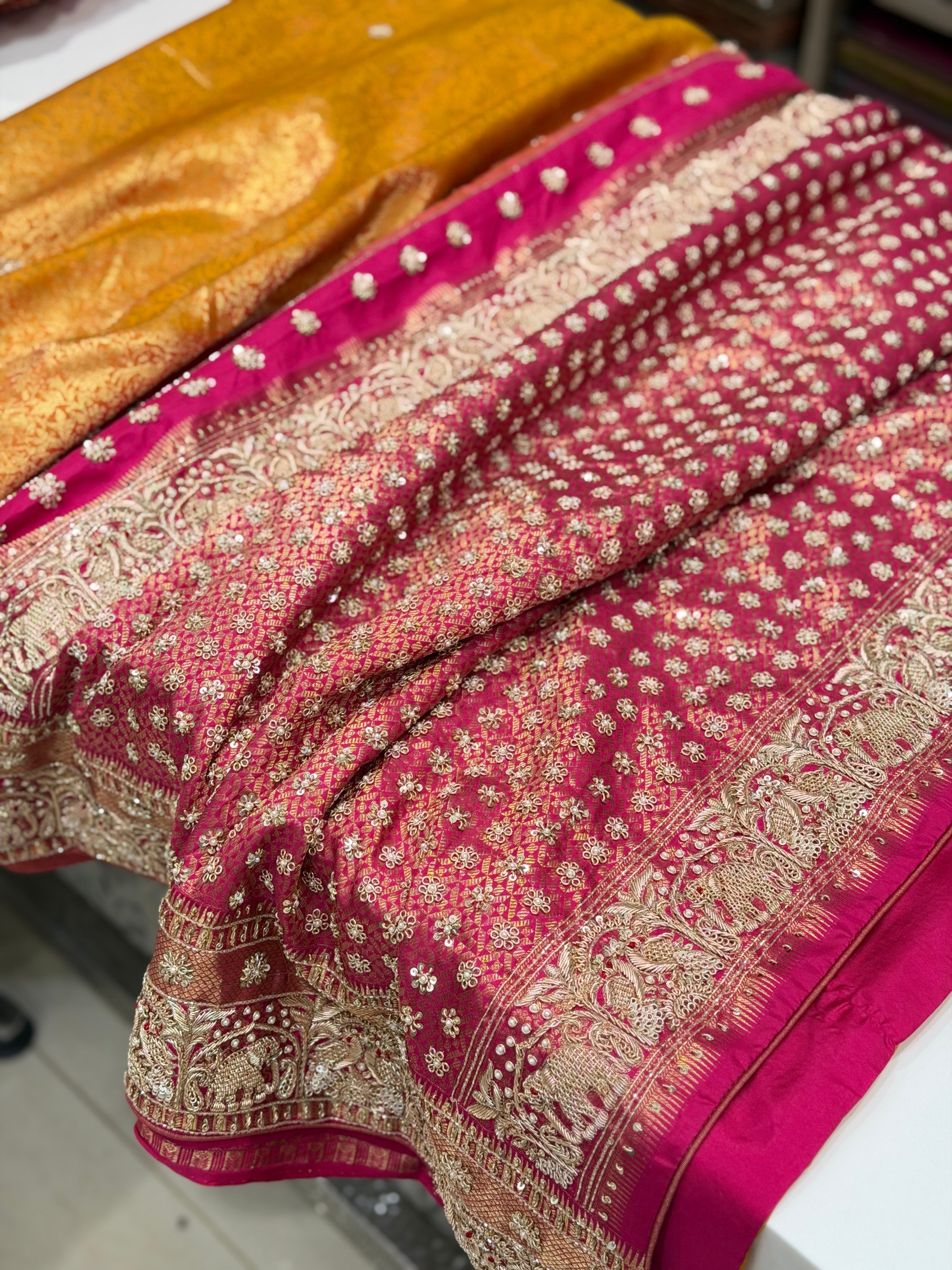 Mustard Yellow Kanjivaram Elephant Motifs Zardosi Hand Embroidery Saree