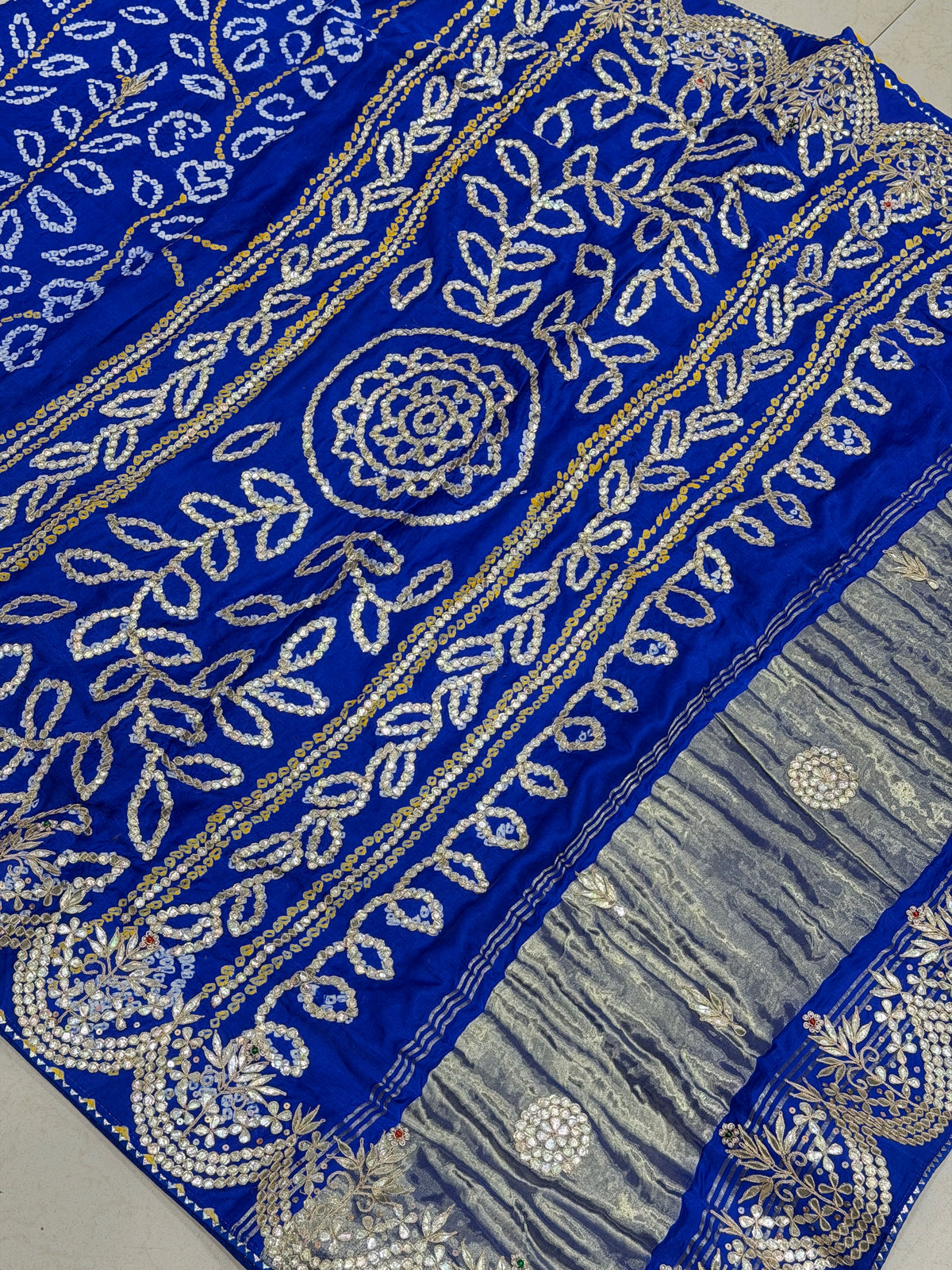 Royal Blue Gajji Silk Rai Bandhej Gotapatti Marodi Hand Embroidery Saree