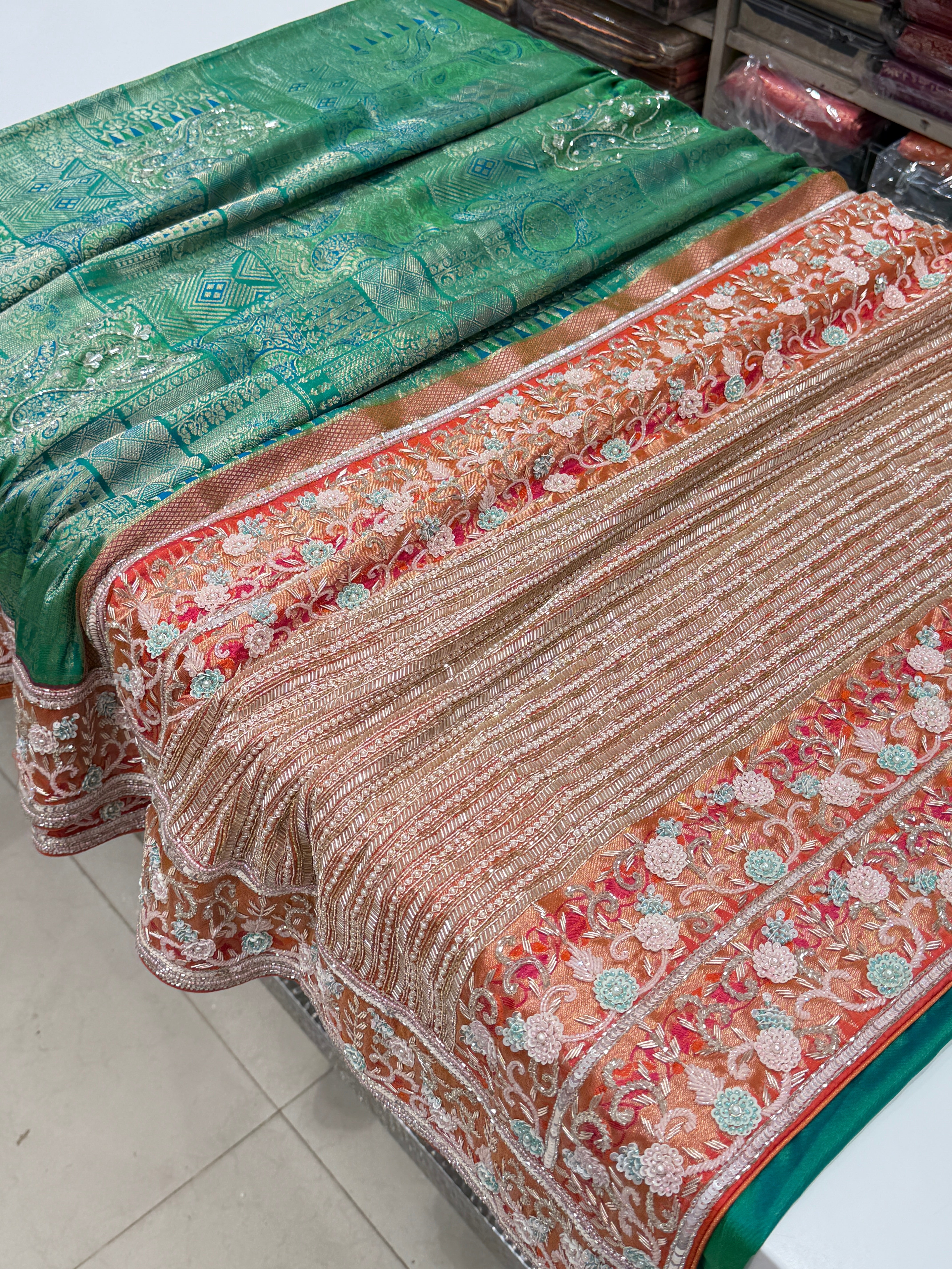 Green Orange Handloom Kanjivaram Hand Embroidery Saree