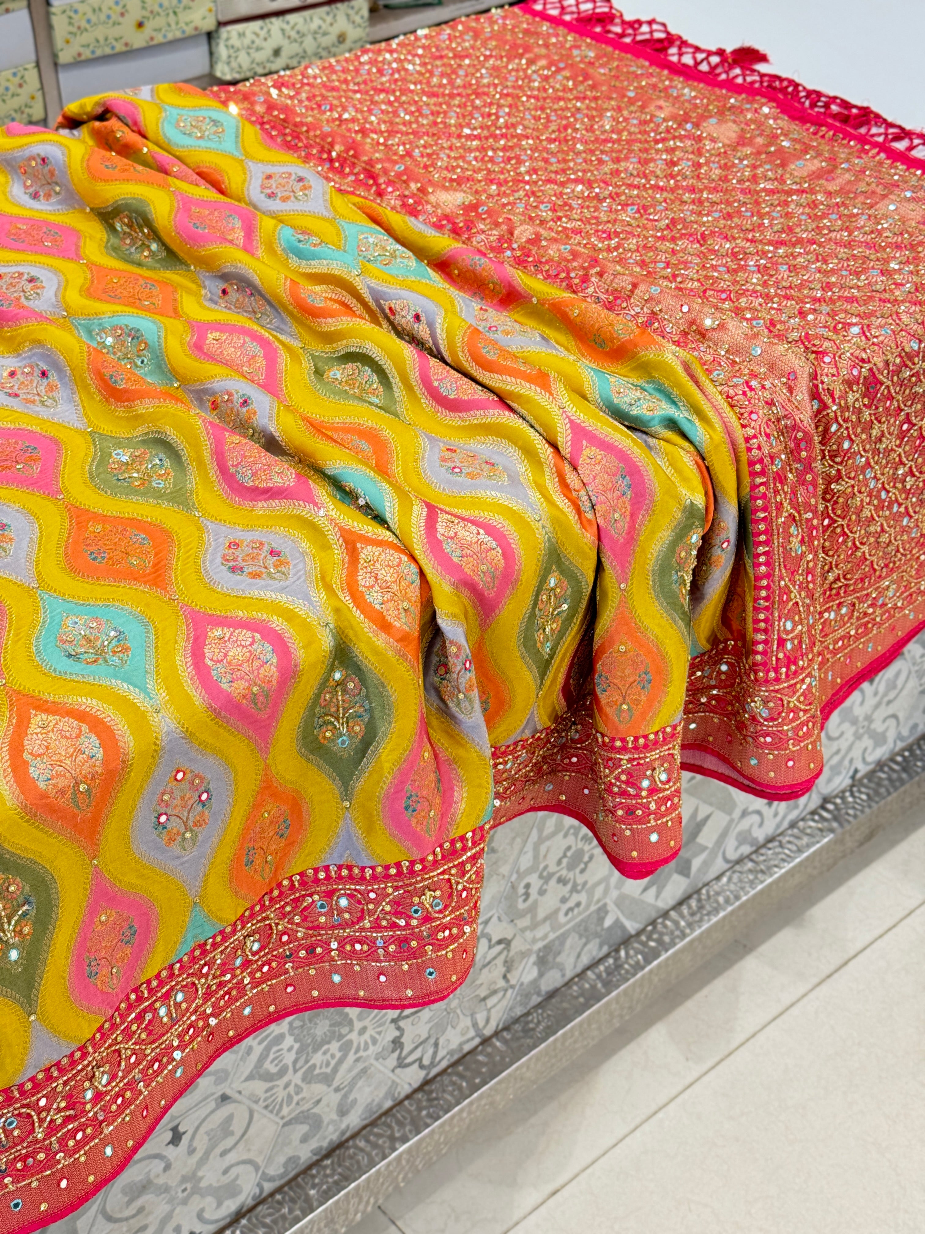 Yellow Rangkat Modal Satin Hand Embroidery Saree