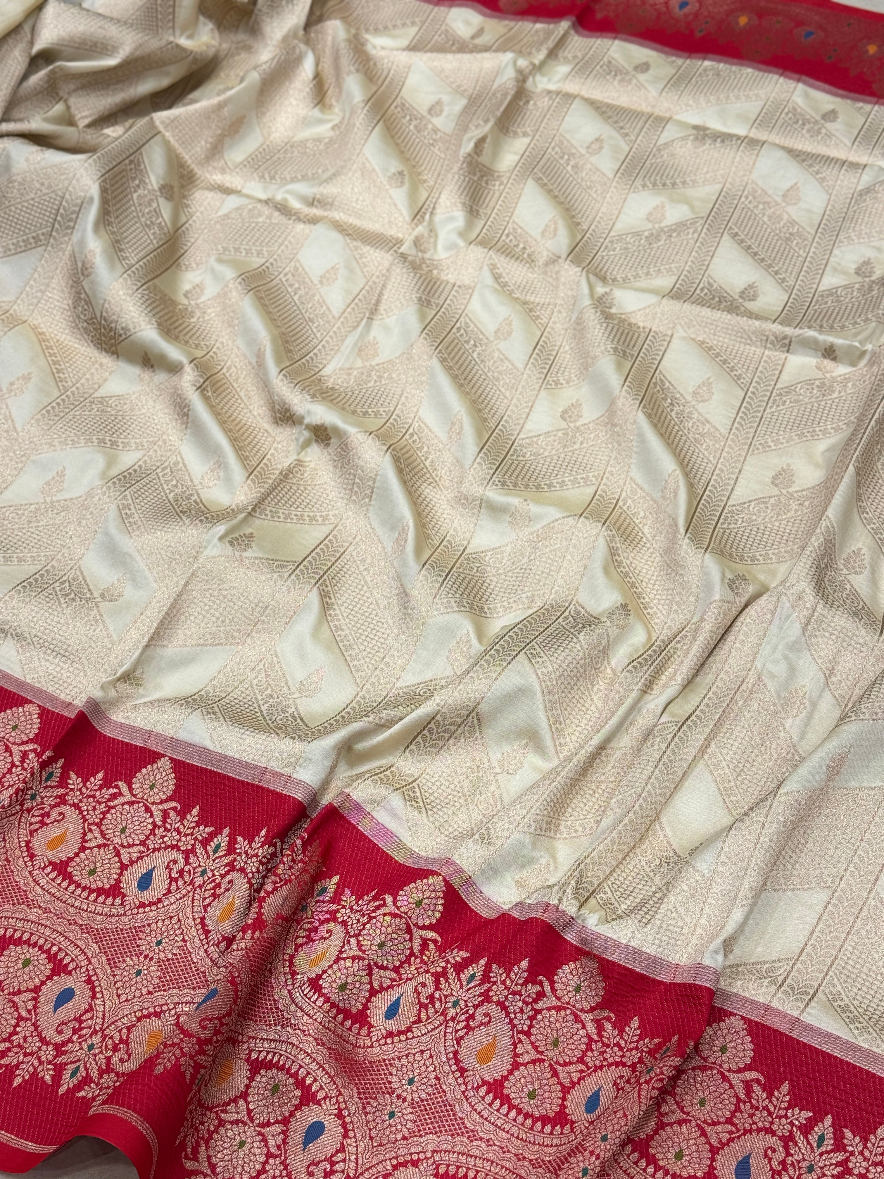 Off White Contemporary Red Border Banarasi Silk Saree