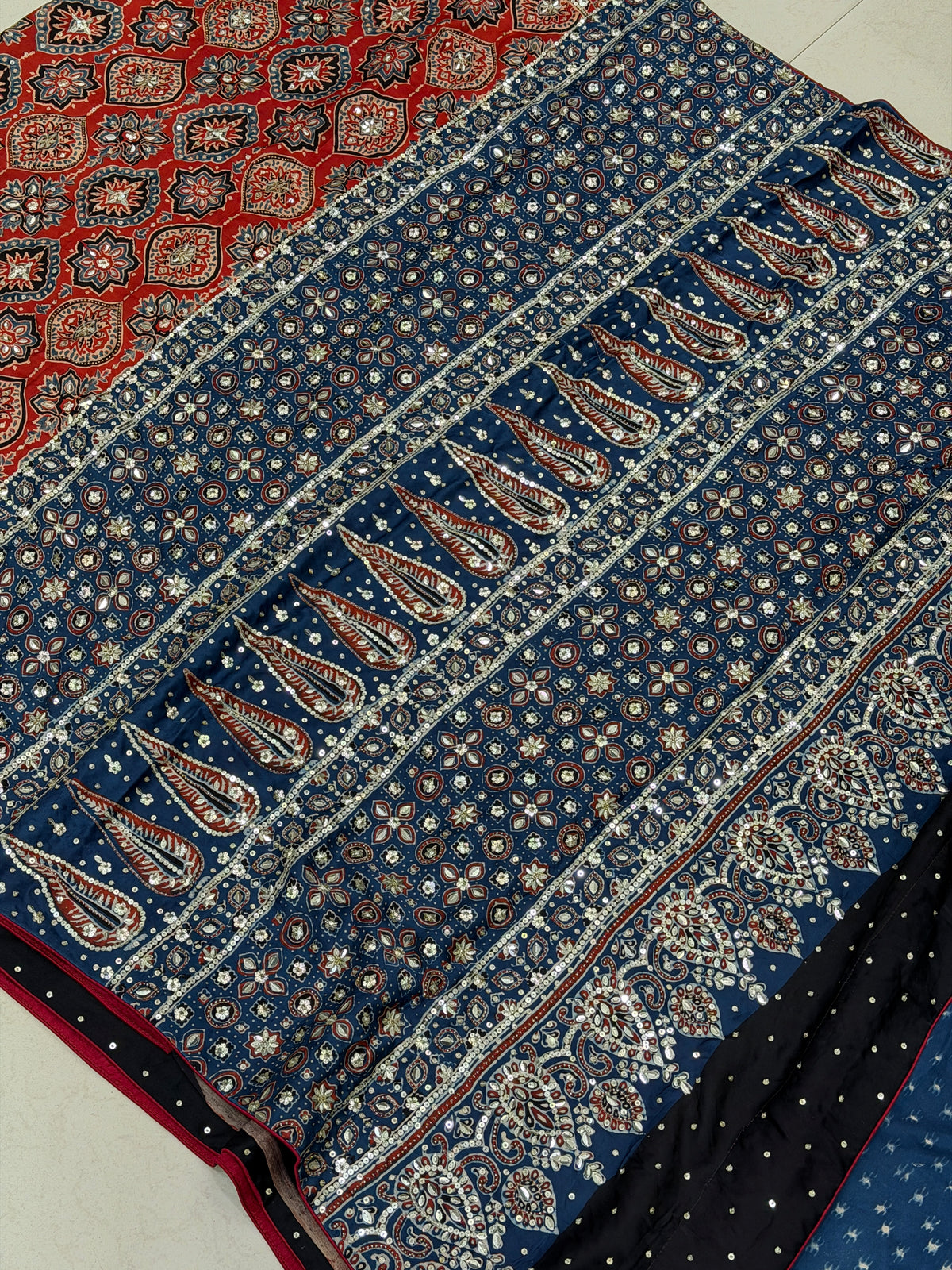 Red Blue Badam Jaal Ajrakh Sequin Moti Hand Embroidery Saree