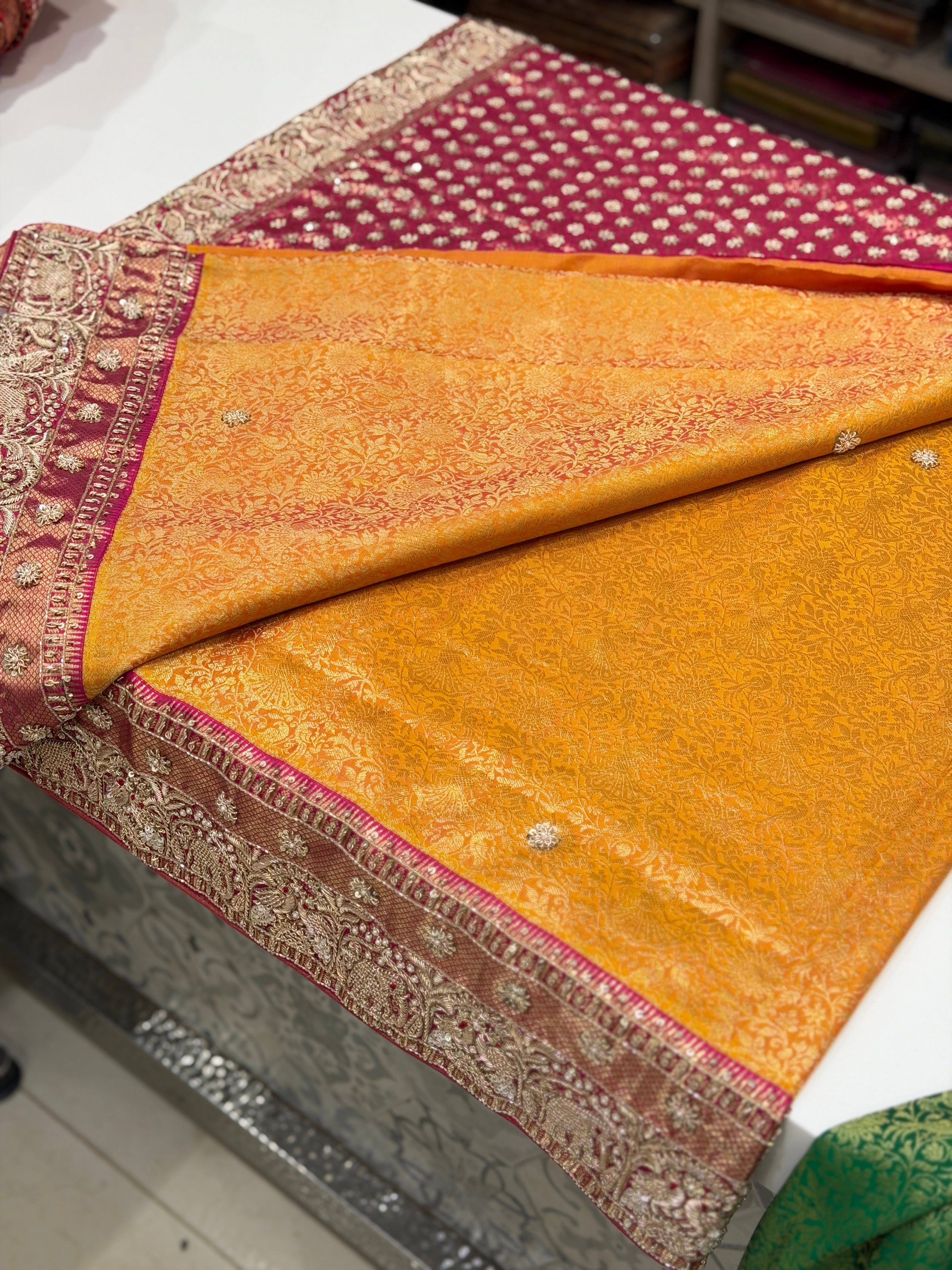 Mustard Yellow Kanjivaram Elephant Motifs Zardosi Hand Embroidery Saree