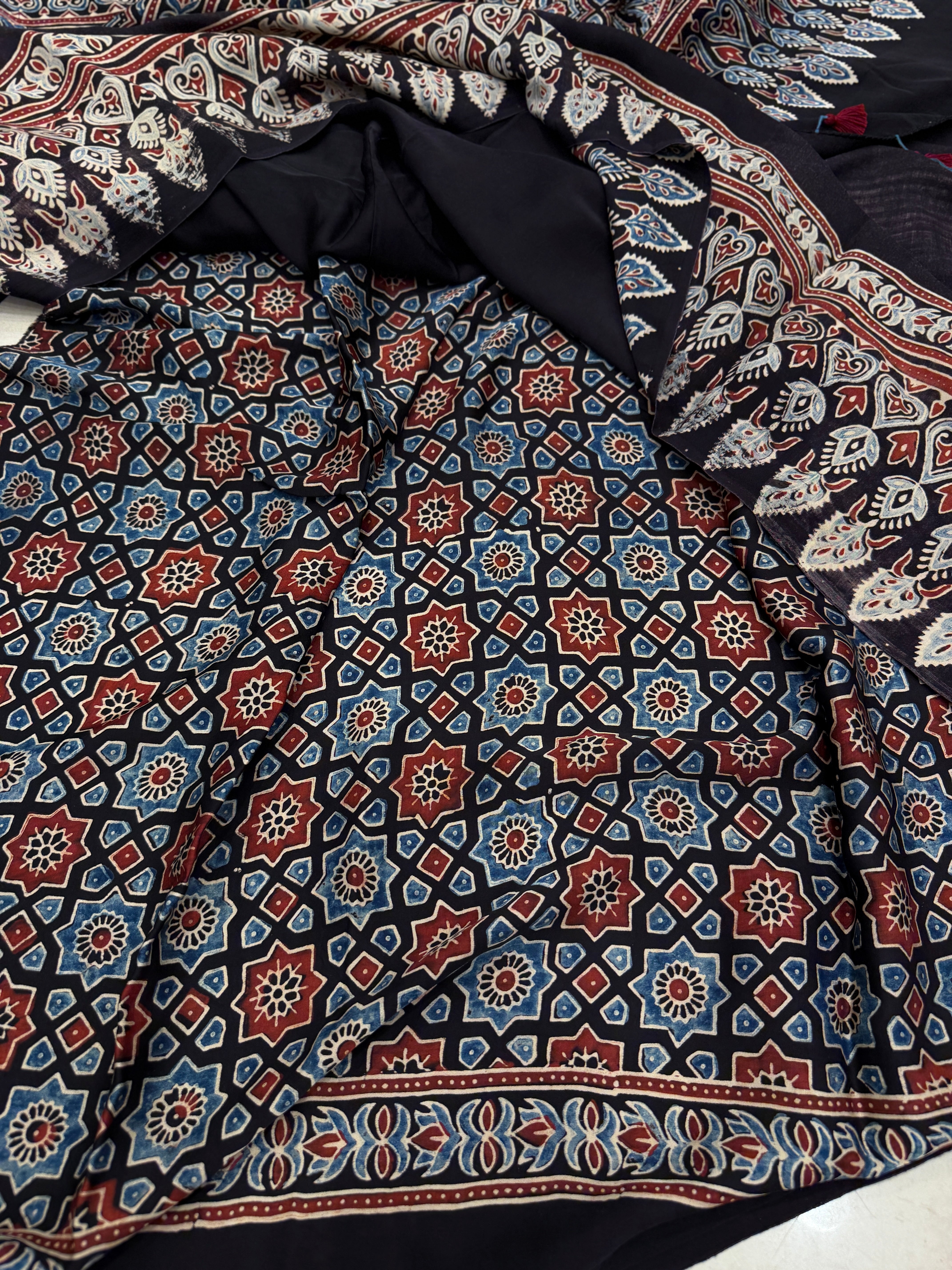 Black Plain Big Border Ajrakh Hand Block Print Pure Modal Silk Saree