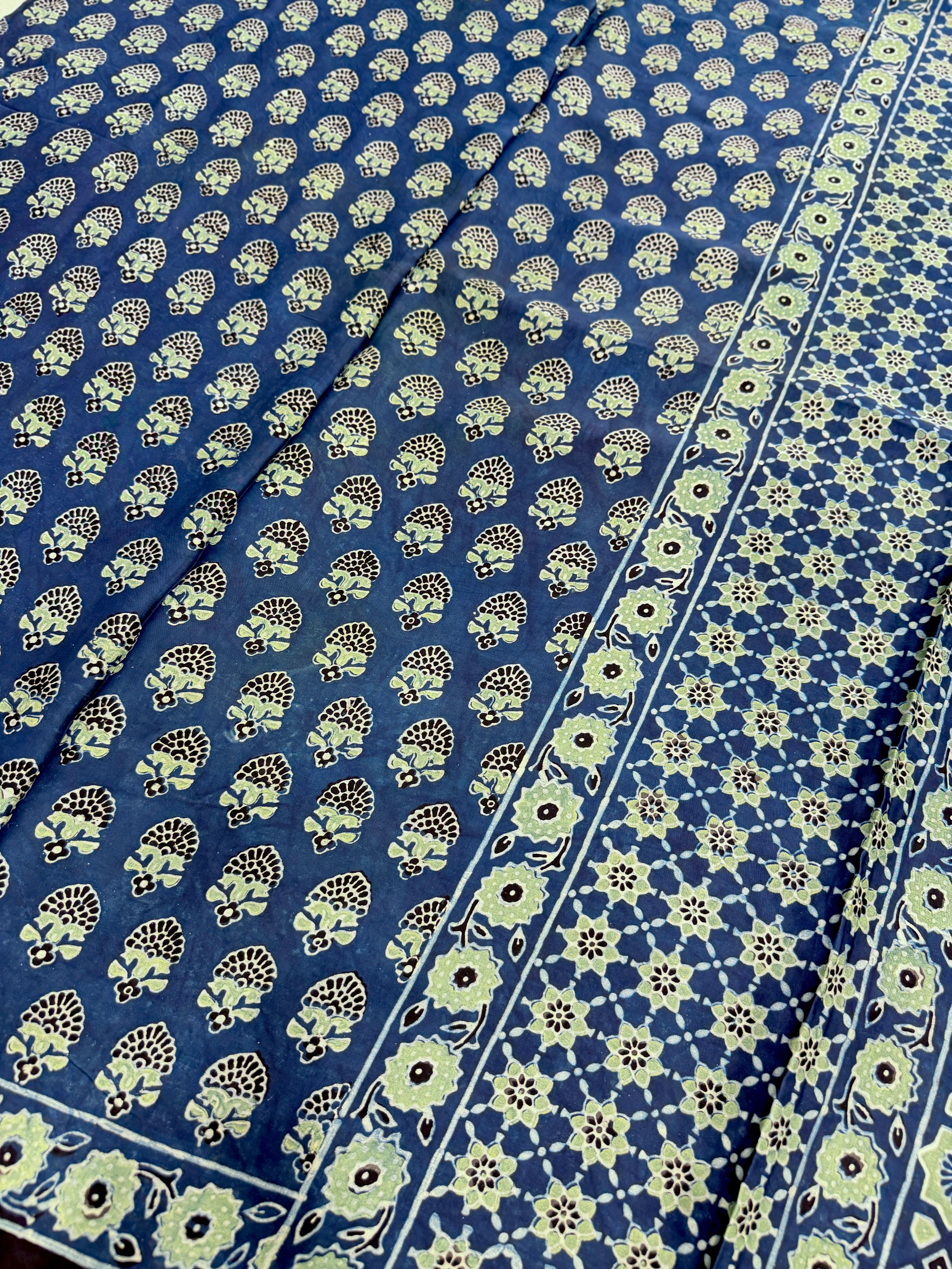 Blue Buttis Ajrakh Hand Block Print Pure Gajji Silk Saree
