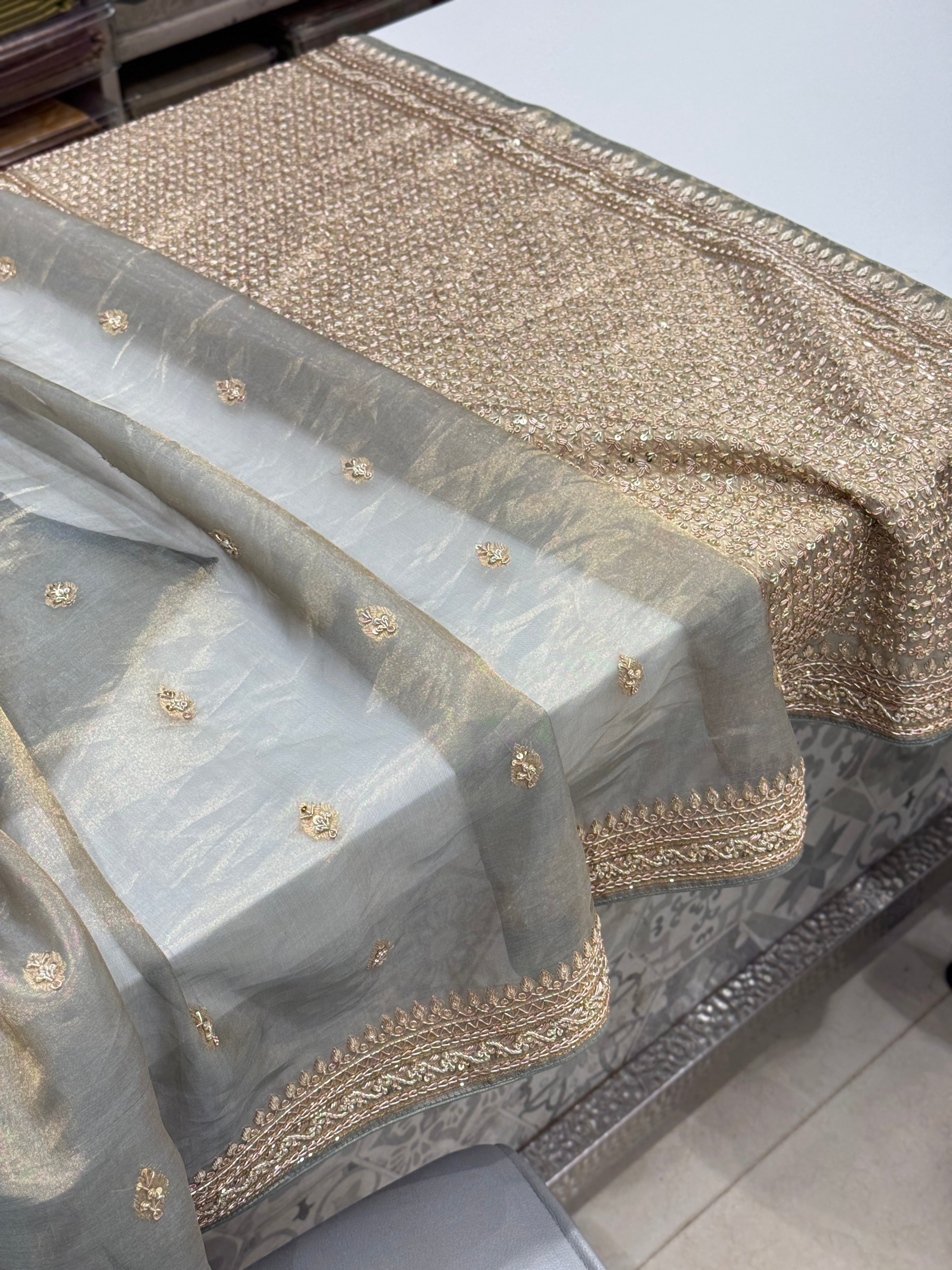 Cement Grey Banarasi Tissue Kadwa Buttas Zardosi Hand Embroidery Saree