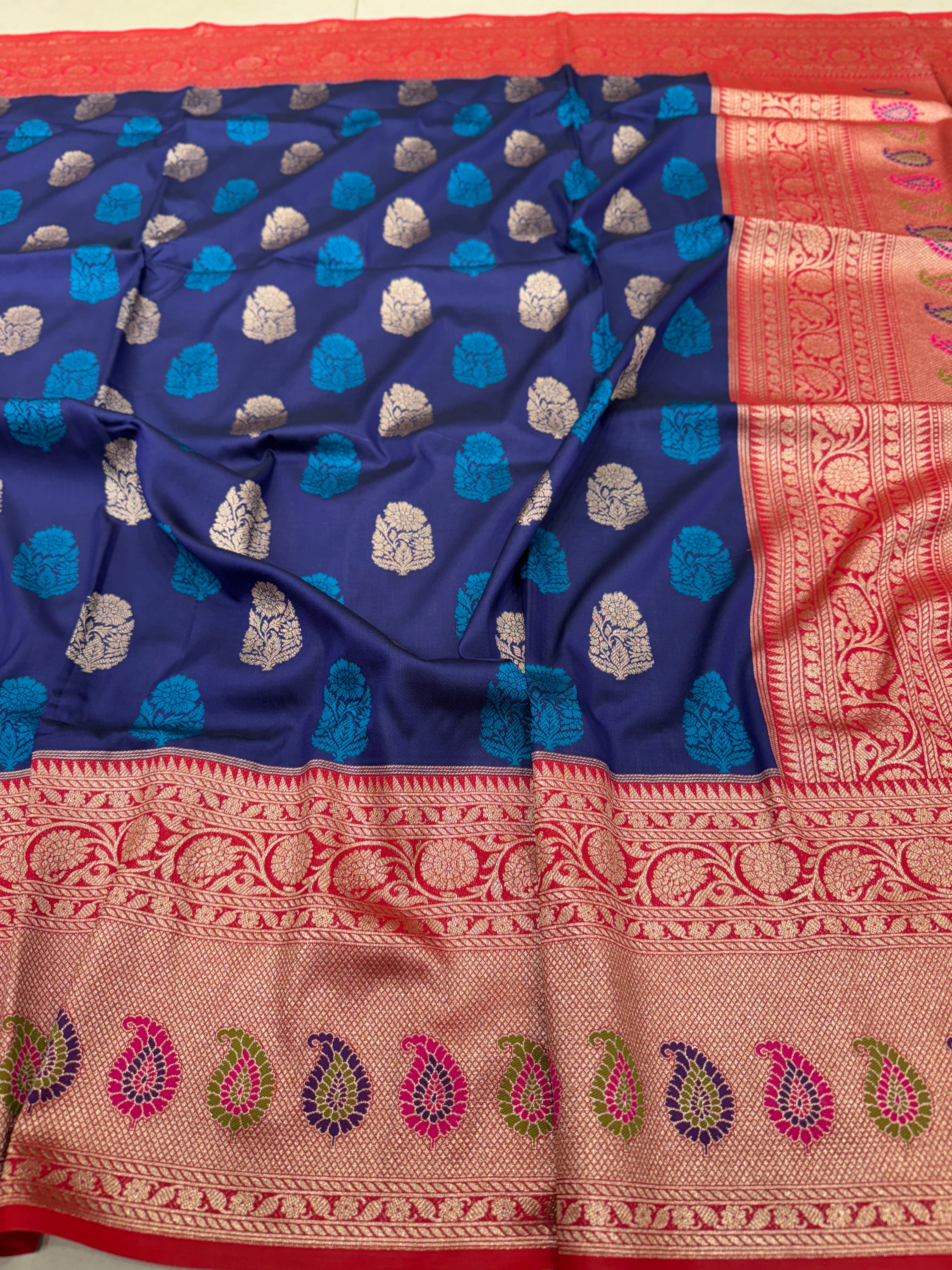Blue Sunflower Butta Banarasi Silk Saree