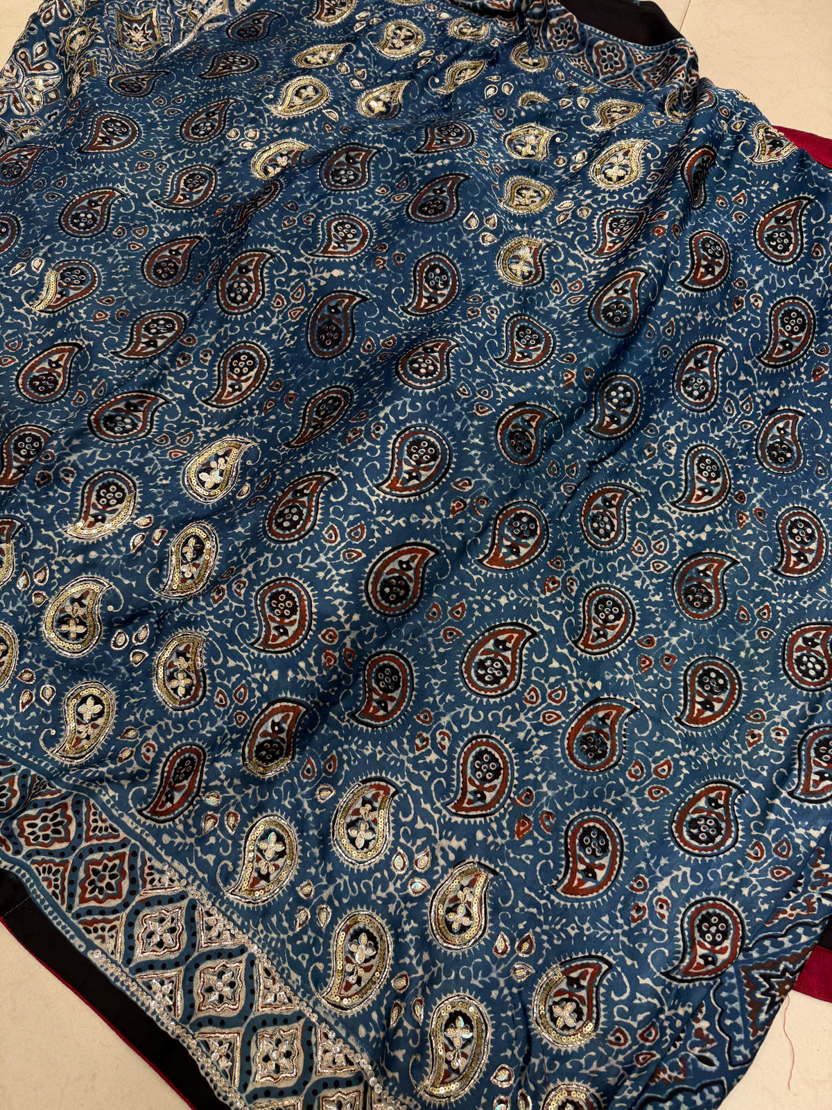 Blue Floral Jaal Pita Zardosi Sequin Ajrakh Hand Embroidery Saree