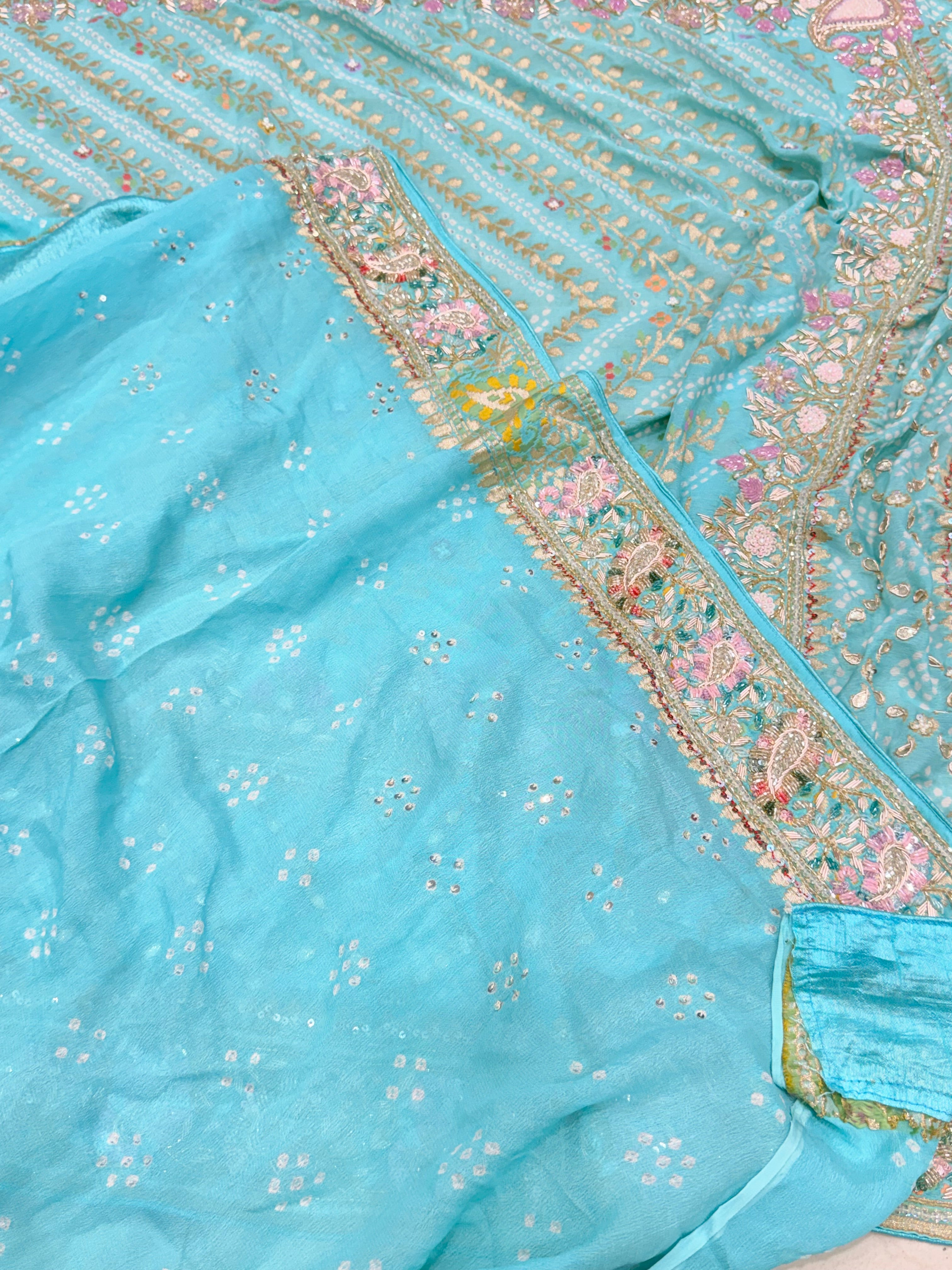 Pastel Bandhej Meenakari Hand Embroidery Saree