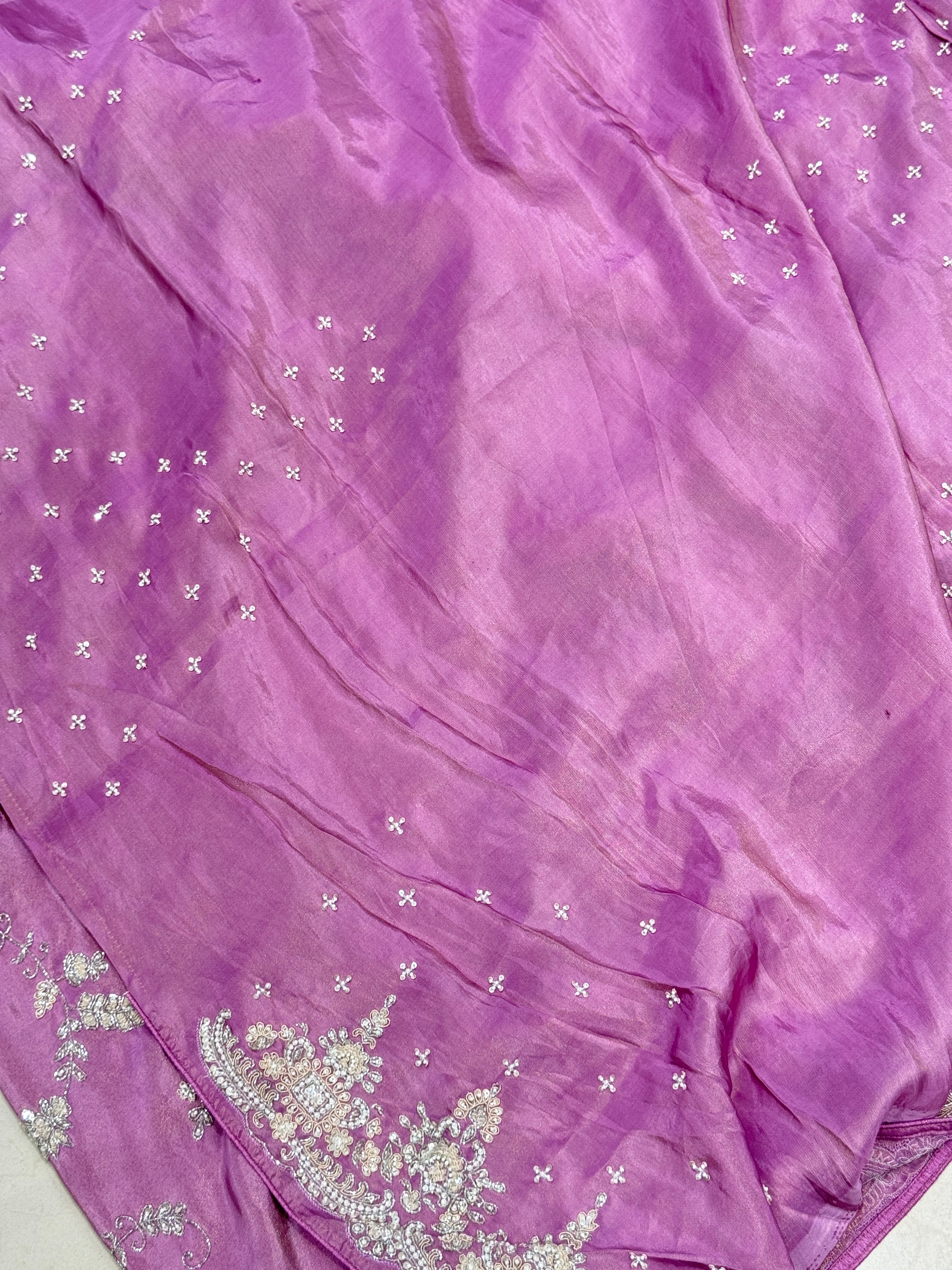 Lilac Crepe Tissue Cutana Moti Jaal Hand Embroidery Saree